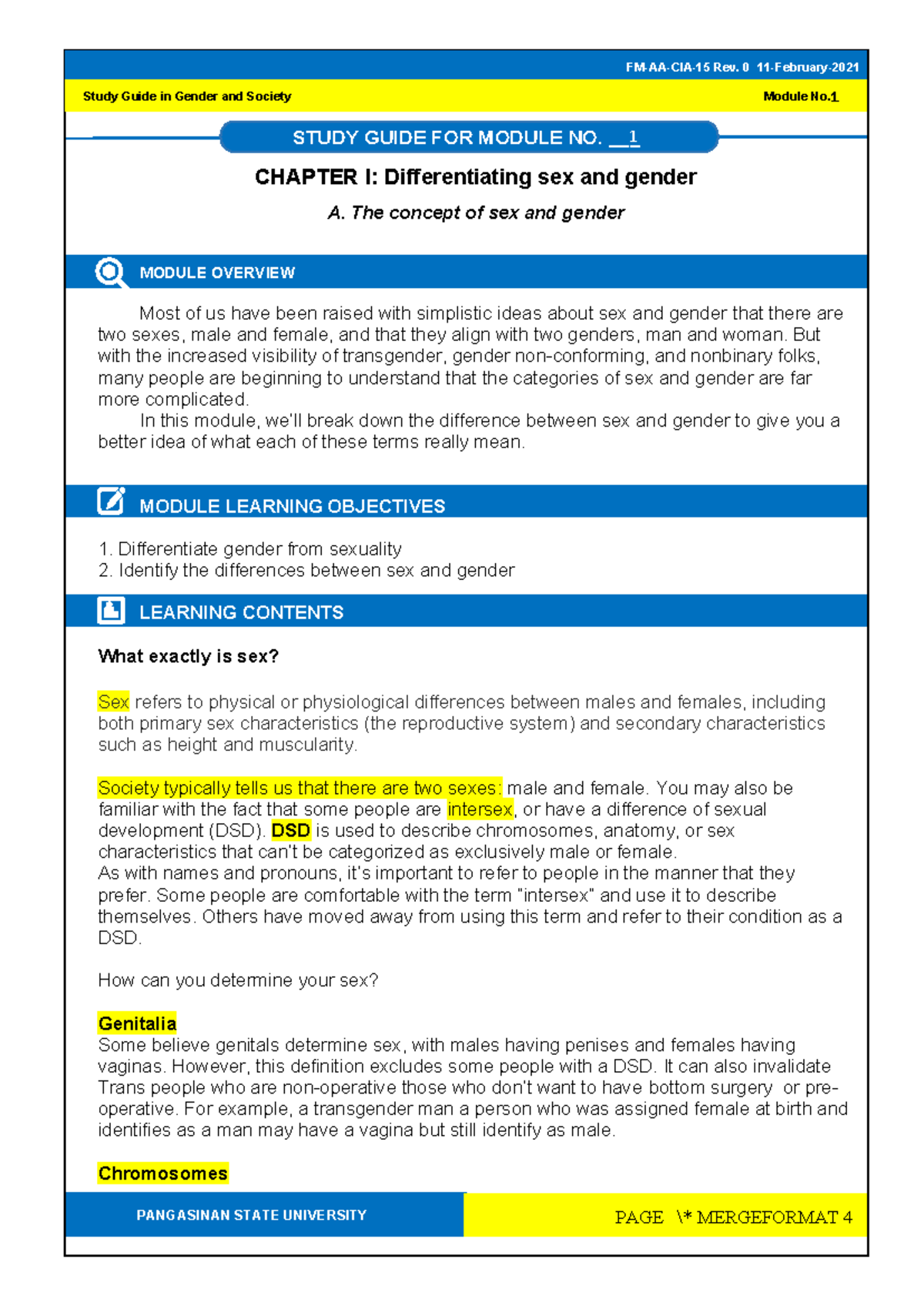 GEE2-Module-1 Sex-and-Gender - STUDY GUIDE FOR MODULE NO. ___ Study ...