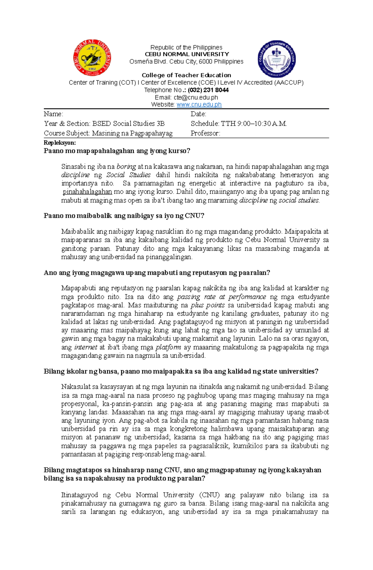 Masining Na Pagpapahayag (Repleksyon At Pagsasanay 1 At 2) Quarter 1 ...