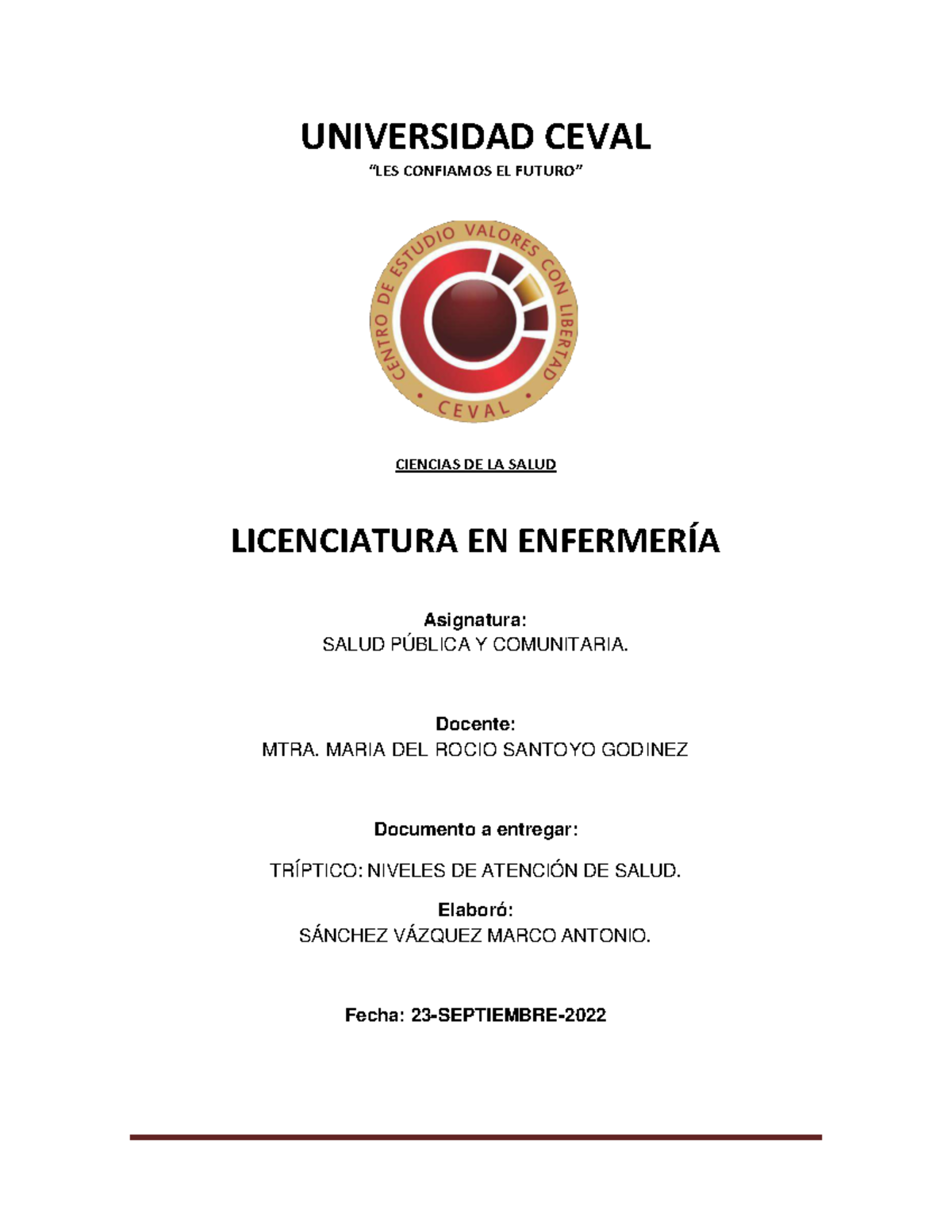 Tríptico Niveles DE Atención DE Salud - UNIVERSIDAD CEVAL