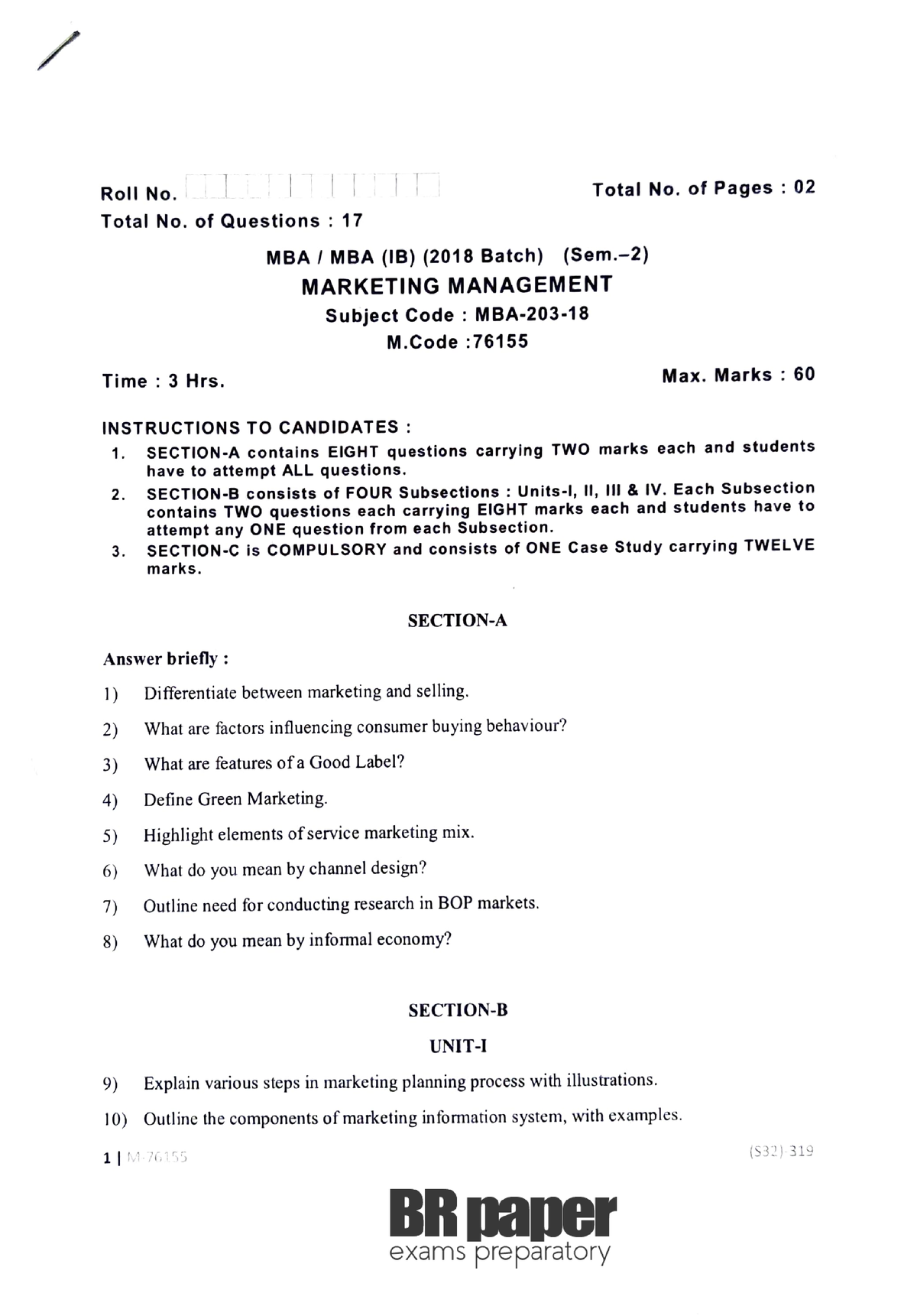 MM 2nd May2020 Marketing Management Question Paper Roll No Total   Thumb 1200 1721 