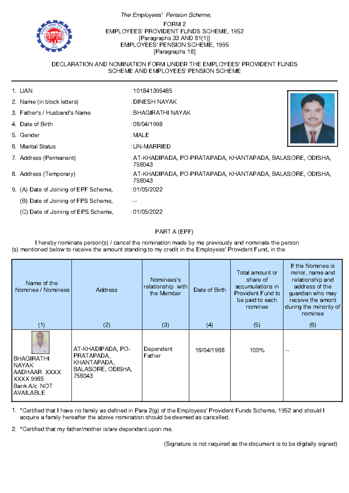 E-Nomination - gggjg jhghg - The Employees' Pension Scheme, FORM 2 ...