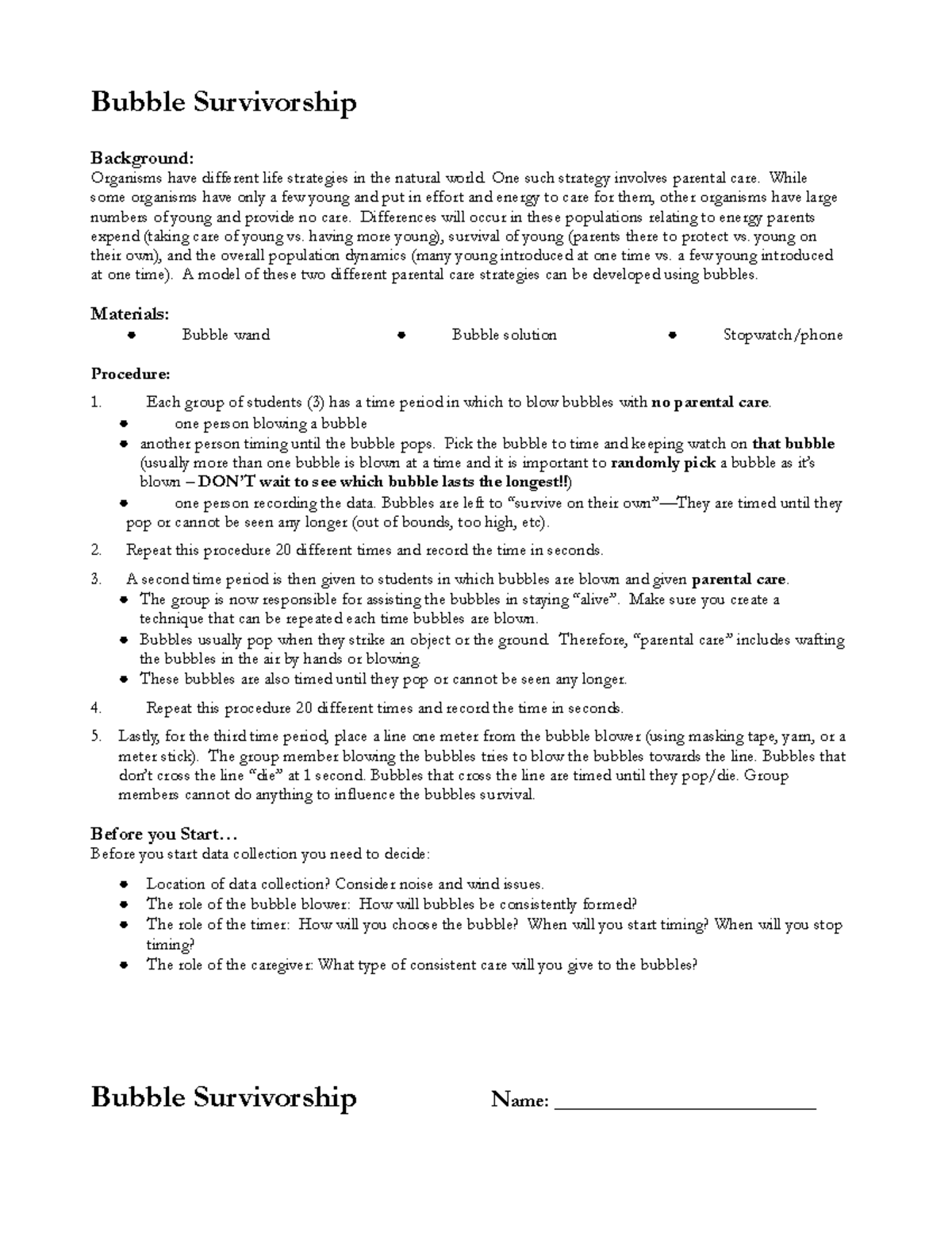 Bubble Survivorship Lab ONLY Bubble Survivorship Background