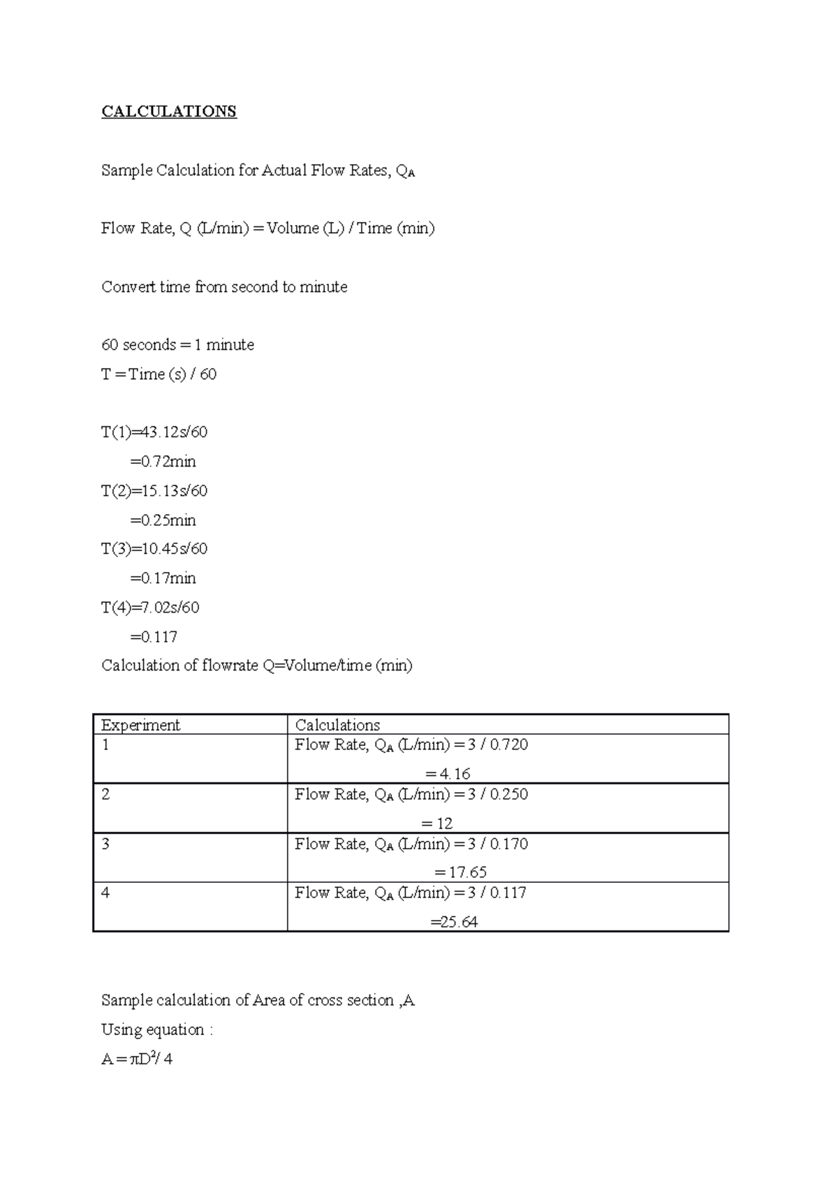 Calculation lab report che486 - CALCULATIONS Sample Calculation for ...