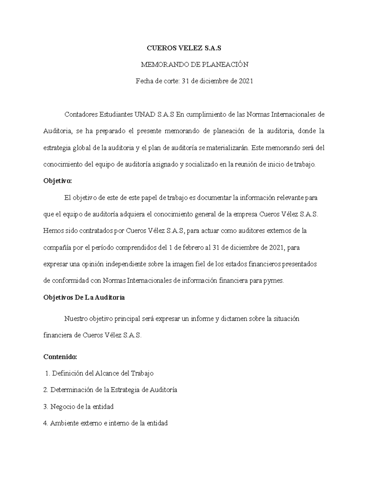 Memorando De Planeación Estratégica De Revisoría Fiscal Cueros Velez