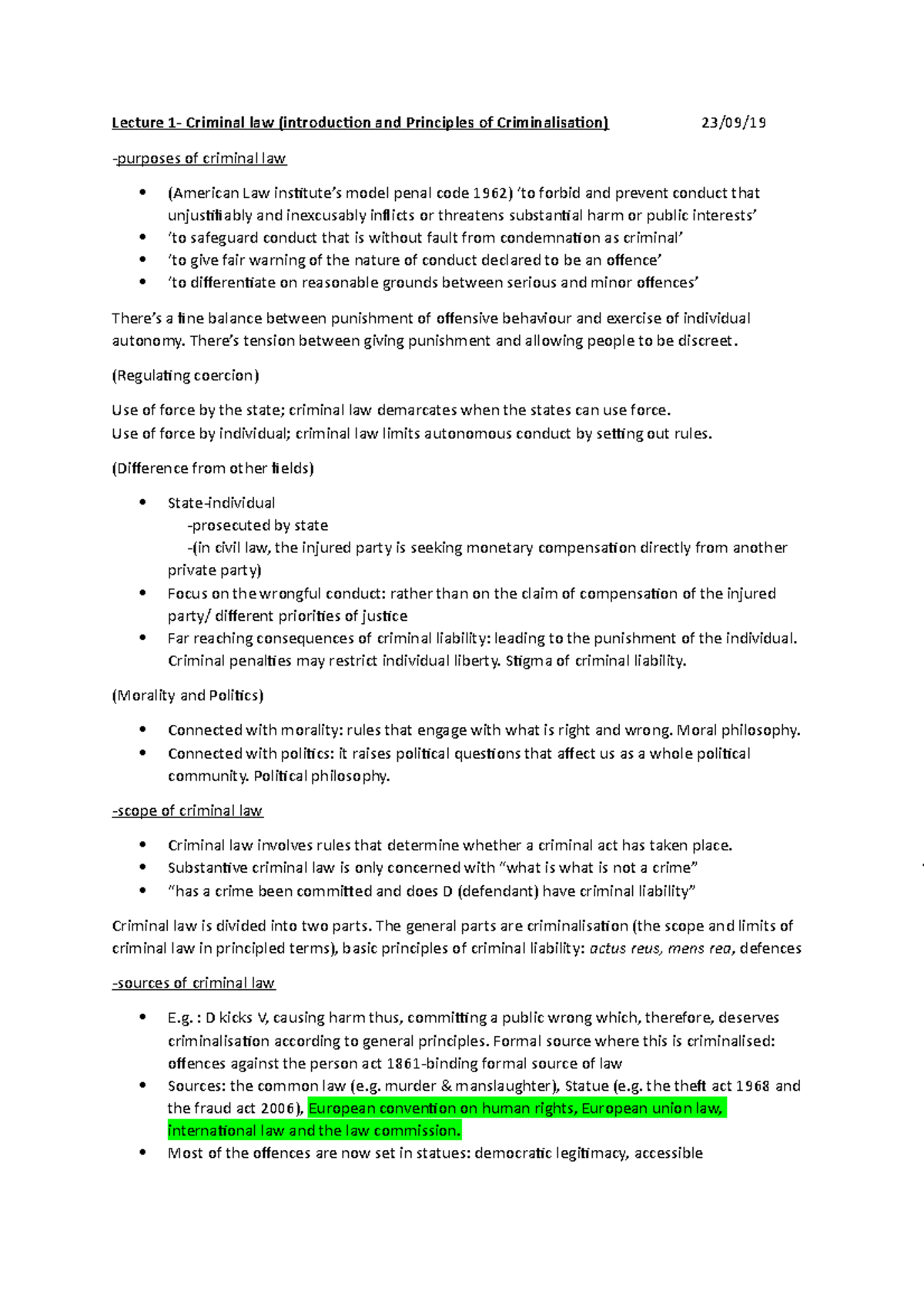 Lecture one notes - Lecture 1- Criminal law (introduction and ...