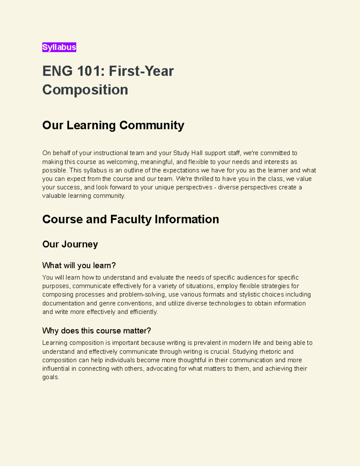 ENG101Study Hall Syllabus Spring B 2023 - Syllabus ENG 101: First-Year ...