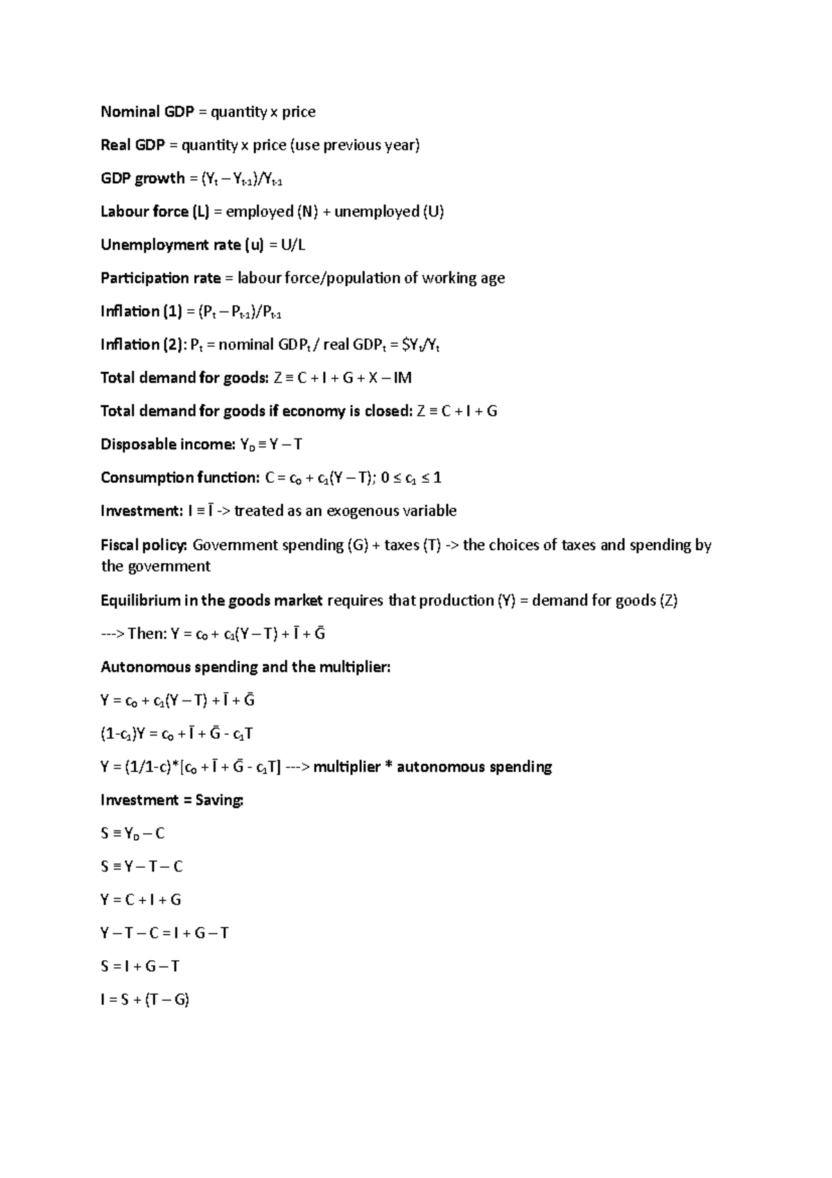 Formula Sheet Nominal Gdp Quantity X Price Real Gdp Quantity X Price Use Previous Year Gdp Studocu