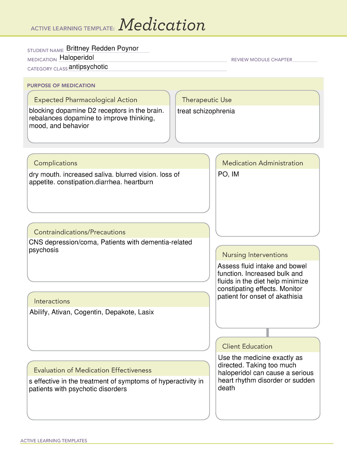 Haloperidol ATI medication template psych ACTIVE LEARNING TEMPLATES