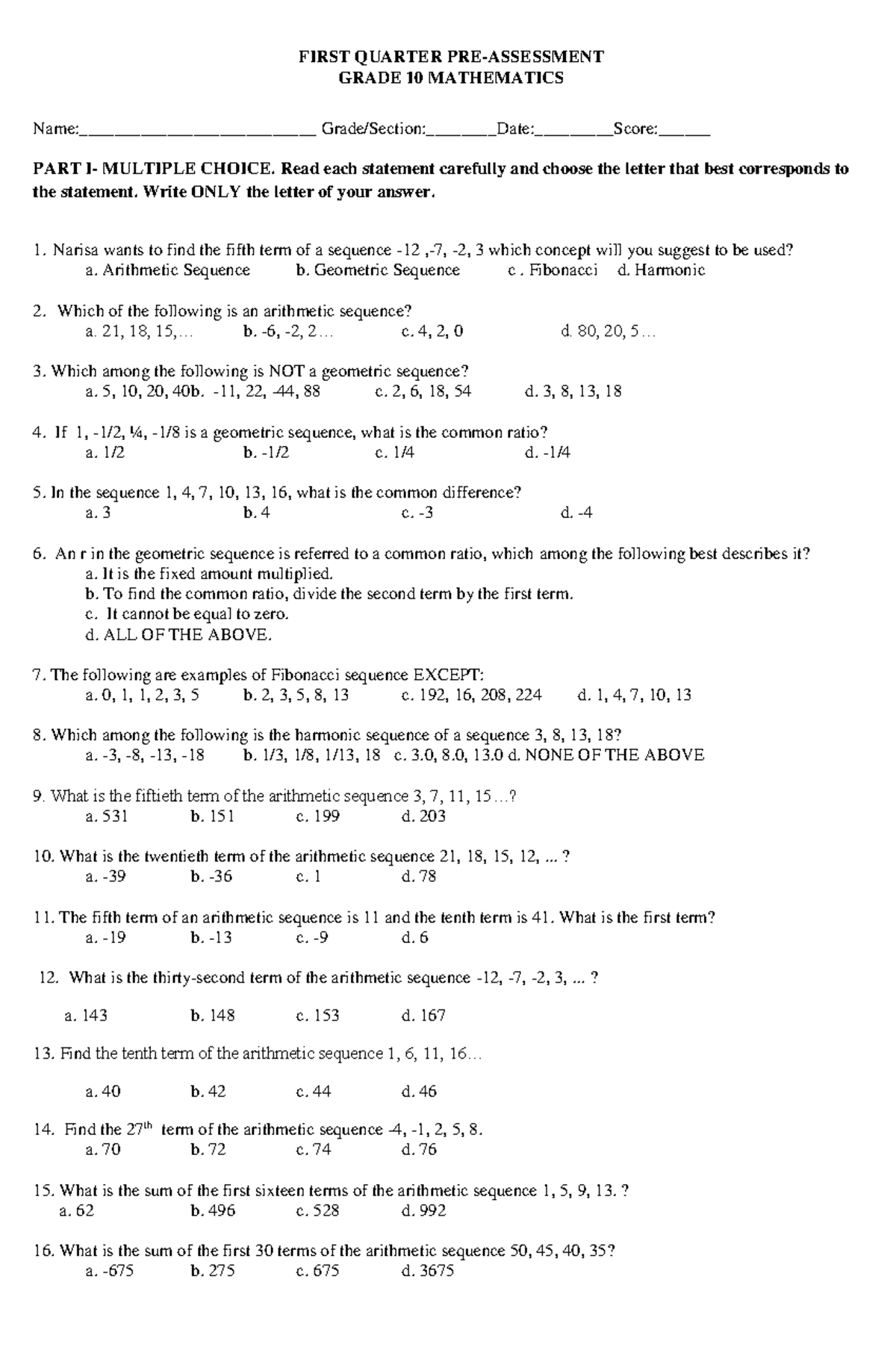 ASSIGNMENT..MDMDM - FIRST QUARTER PRE-ASSESSMENT GRADE 10 MATHEMATICS ...