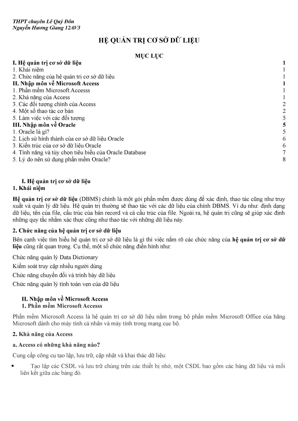 Hqtcsdl Mircrosoft Và Oracle - Nguyễn Hương Giang 12Av Hệ Quản Trị Cơ Sở Dữ  Liệu Mục Lục I. Hệ Quản - Studocu