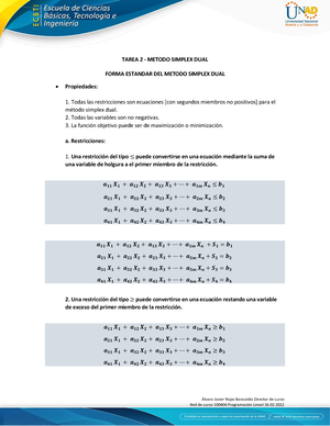 Tarea 2 - Metodo Simplex DUAL 100404 (16-02) 2022 - Álvaro Javier Rojas  Baracaldo Director de curso - Studocu