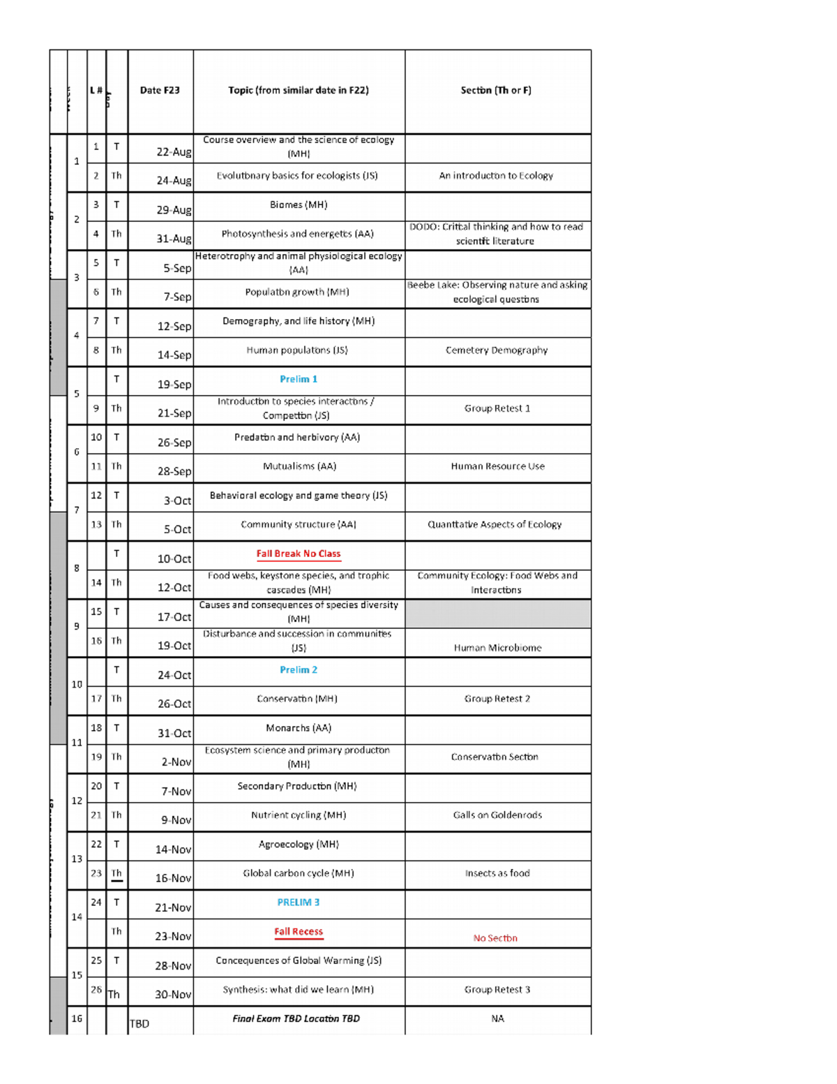 Bio EE 1610 F23 Detailed Schedule Draft V20 - BIOEE 1610 - Studocu