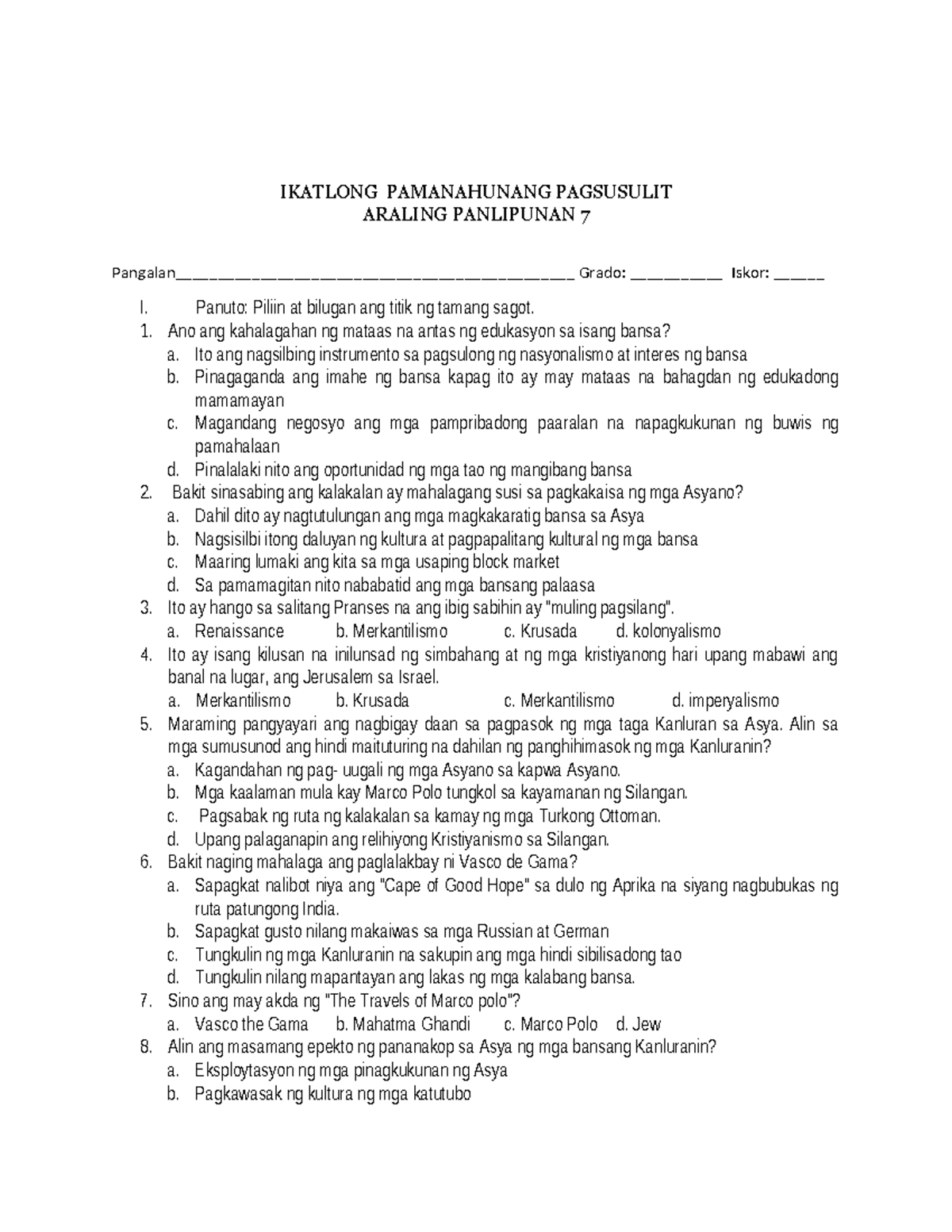 AP 7 TQ third grading - IKATLONG PAMANAHUNANG PAGSUSULIT ARALING ...
