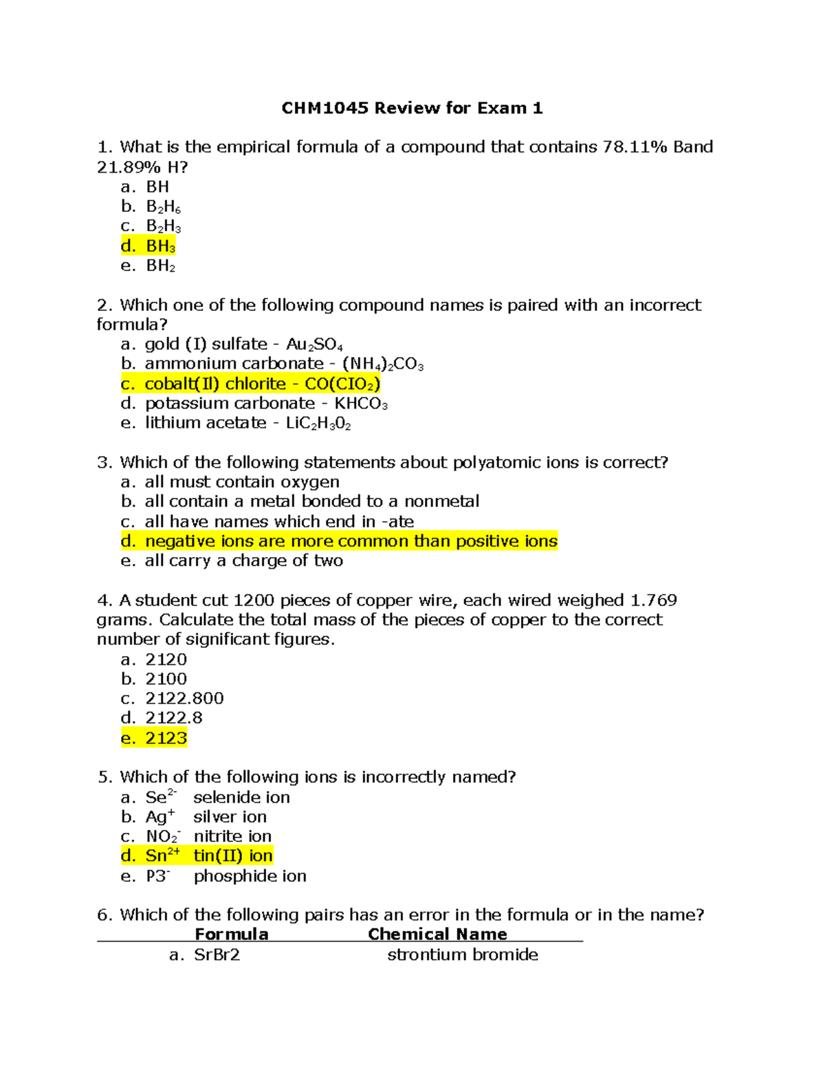 Exam 1 Review Questions - CHM1045 Review for Exam 1 What is the ...