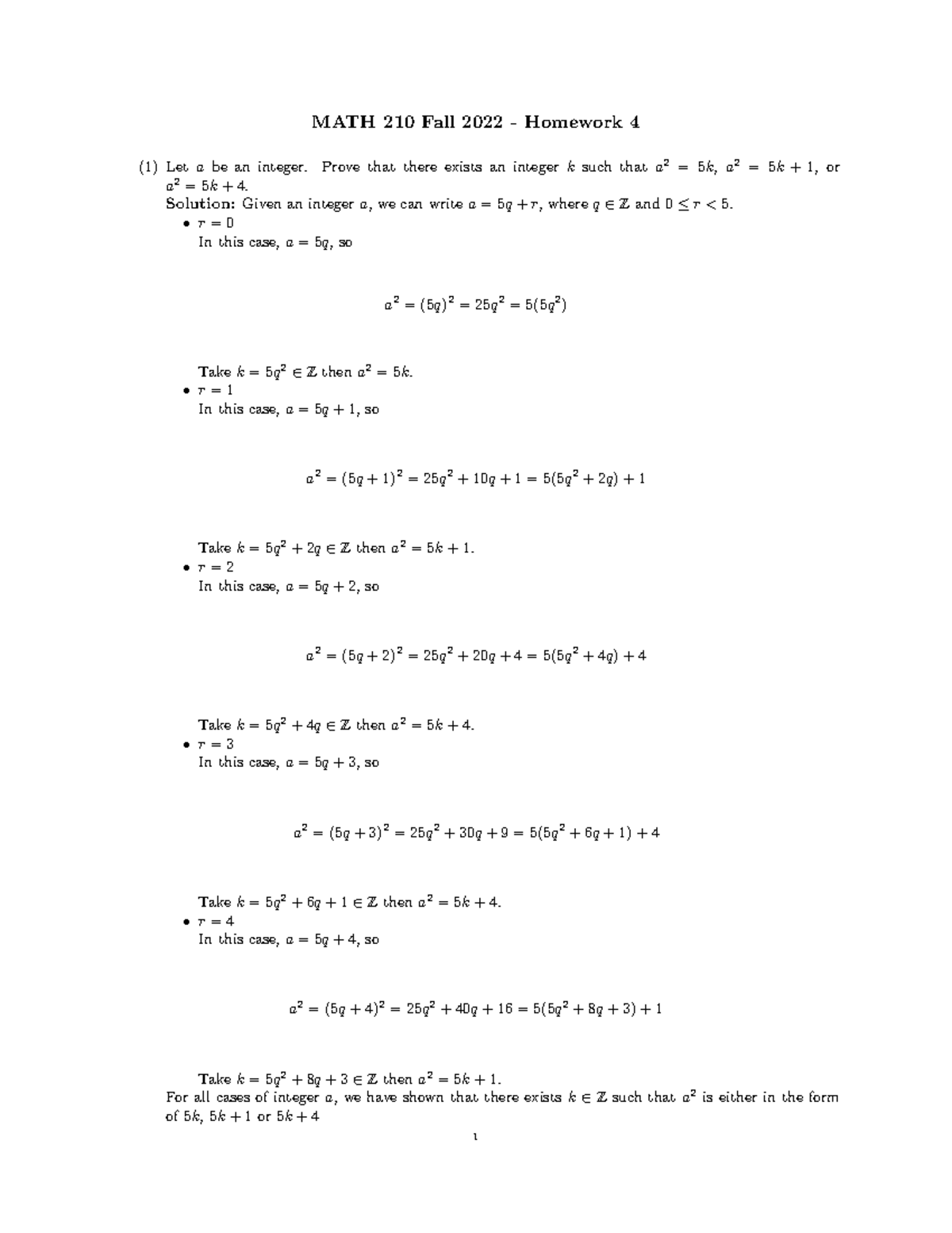 MATH210 HW4 Solutions-1 - MATH 210 Fall 2022 - Homework 4 (1) Let a be ...