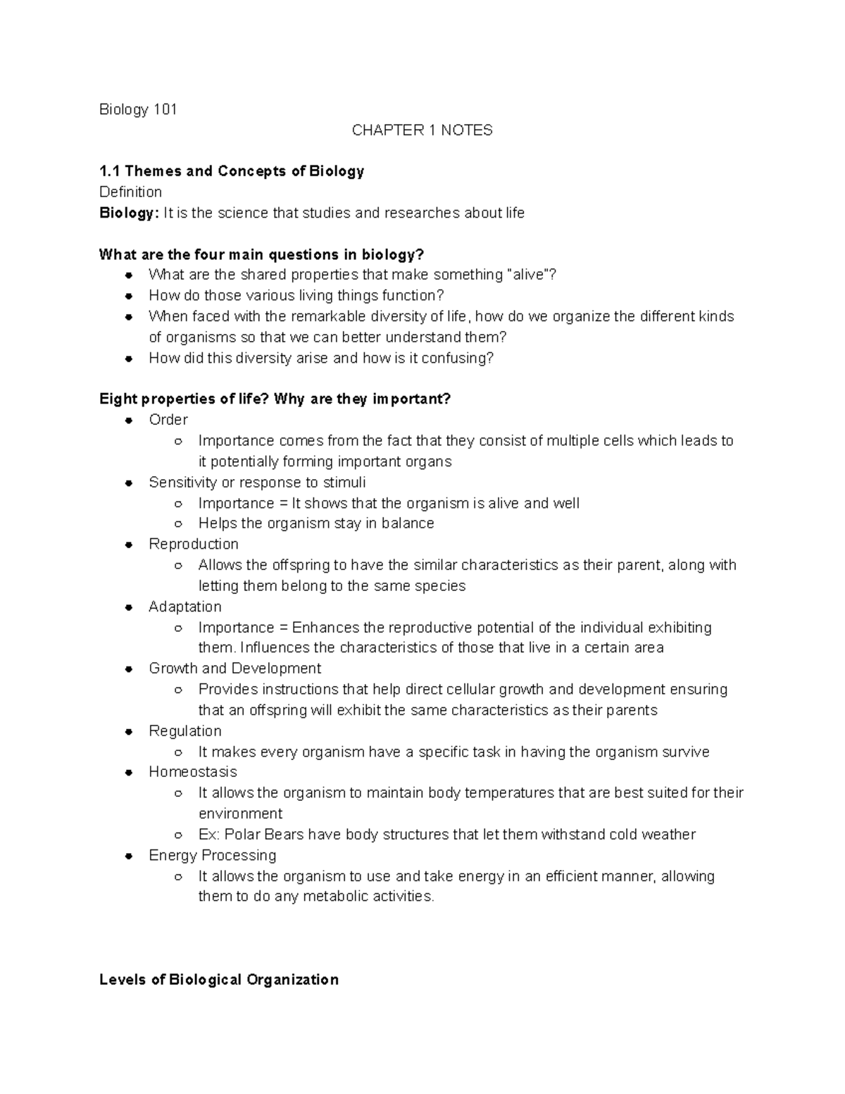 Biology 101 Chapter 1 Notes - Biology 101 CHAPTER 1 NOTES 1 Themes And ...