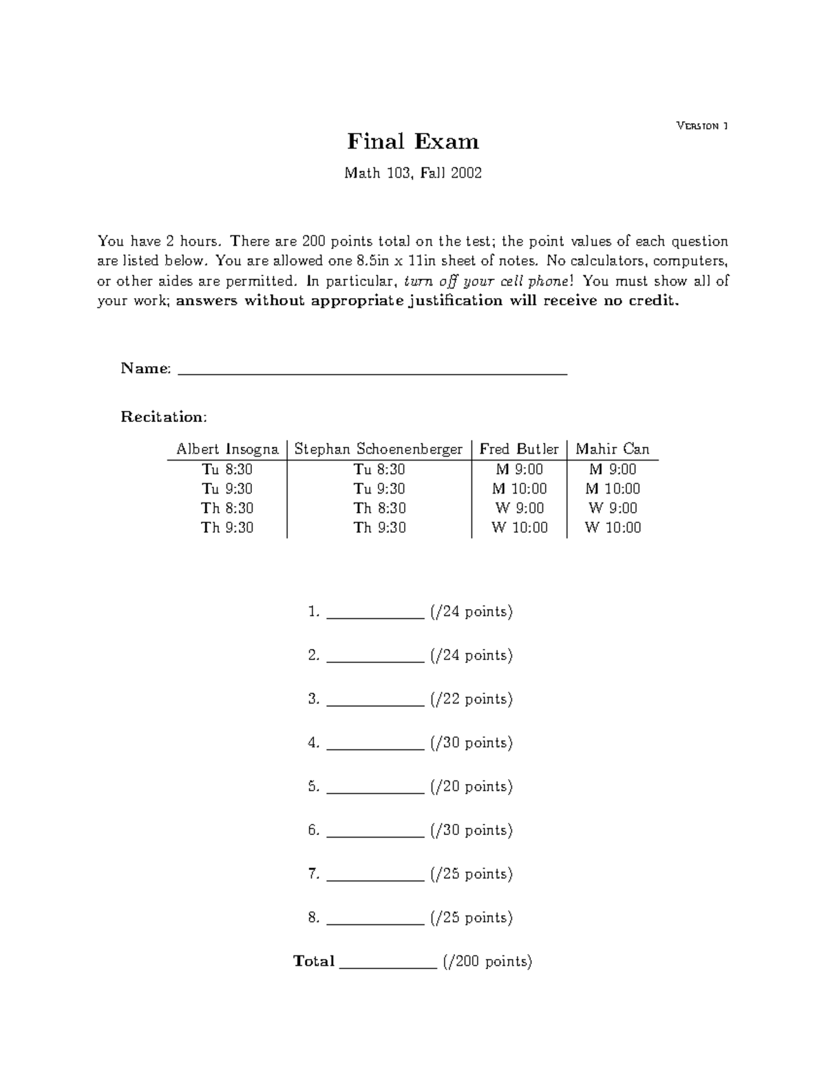 103F02 - Practice Problems - Version 1 Final Exam Math 103, Fall 2002 ...