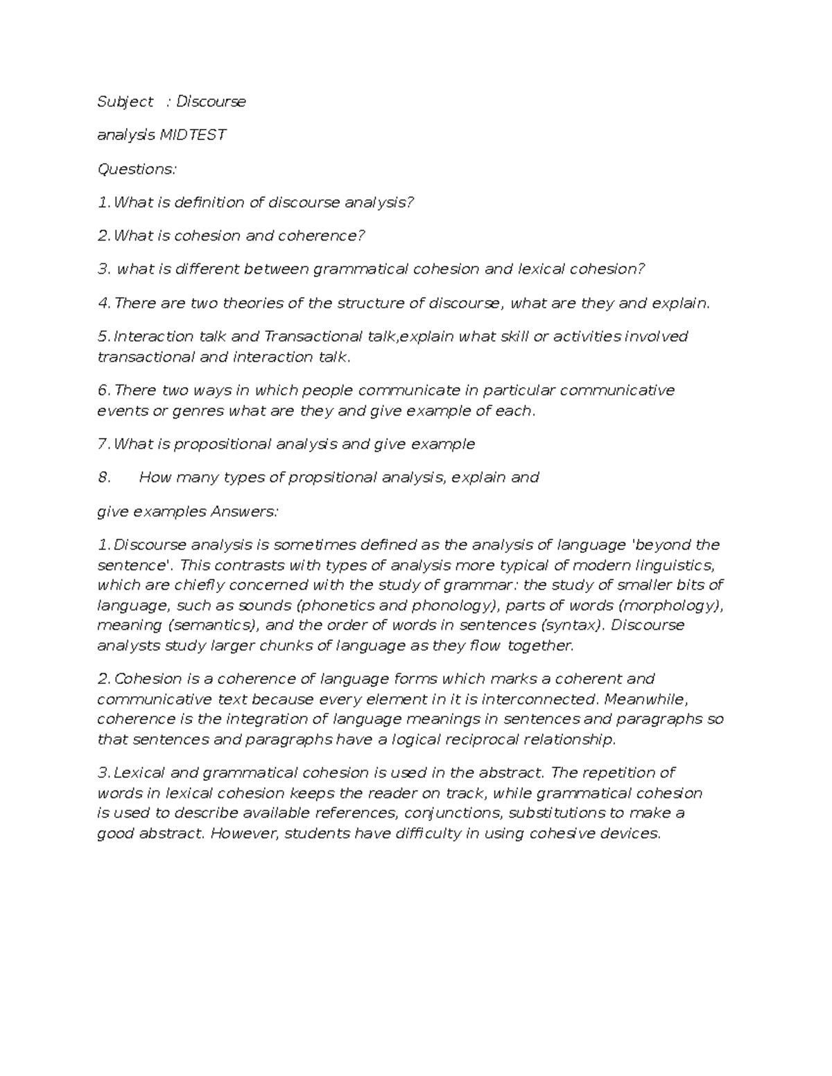 Midtest Discourse analysis - Subject : Discourse analysis MIDTEST ...