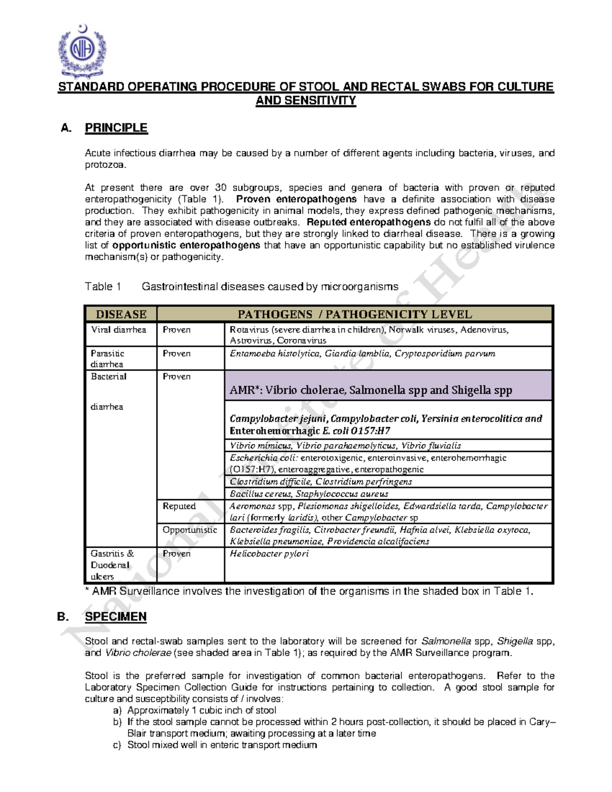 SOP Stool Rectal Swab for Culture and Susceptibilities STANDARD