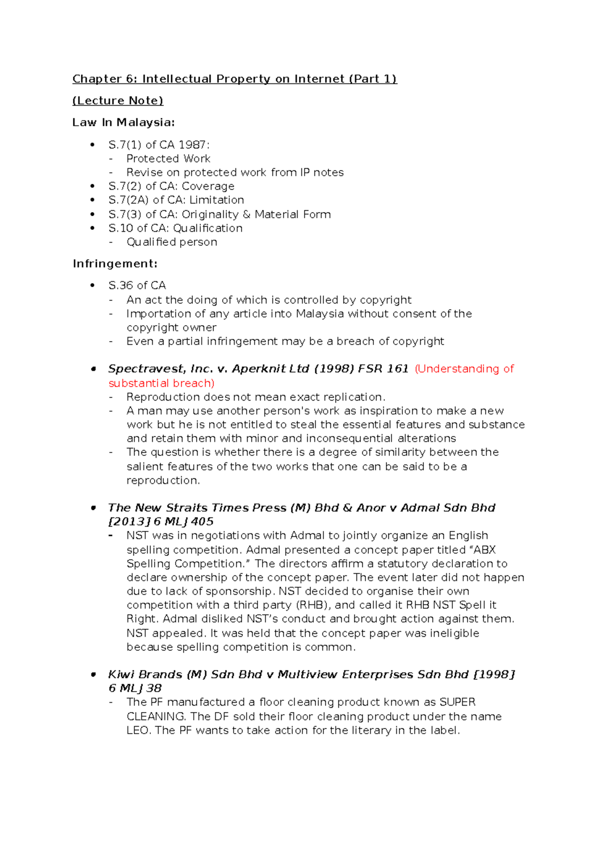 Chapter 6 - Summary Cyberlaw - Chapter 6: Intellectual Property on ...