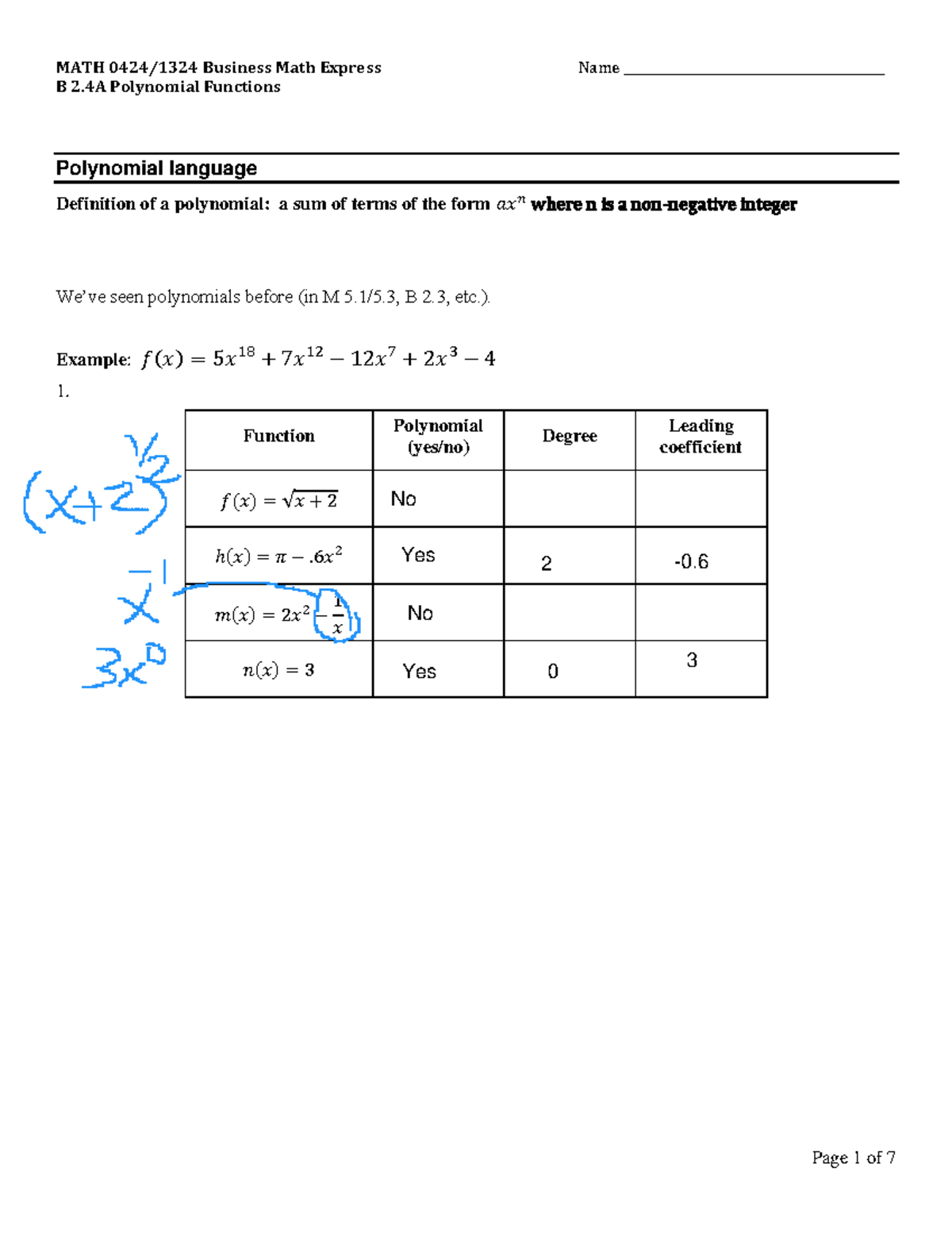 Notes B 2.4A Polynomial Functions - B 2 Polynomial Functions Polynomial ...