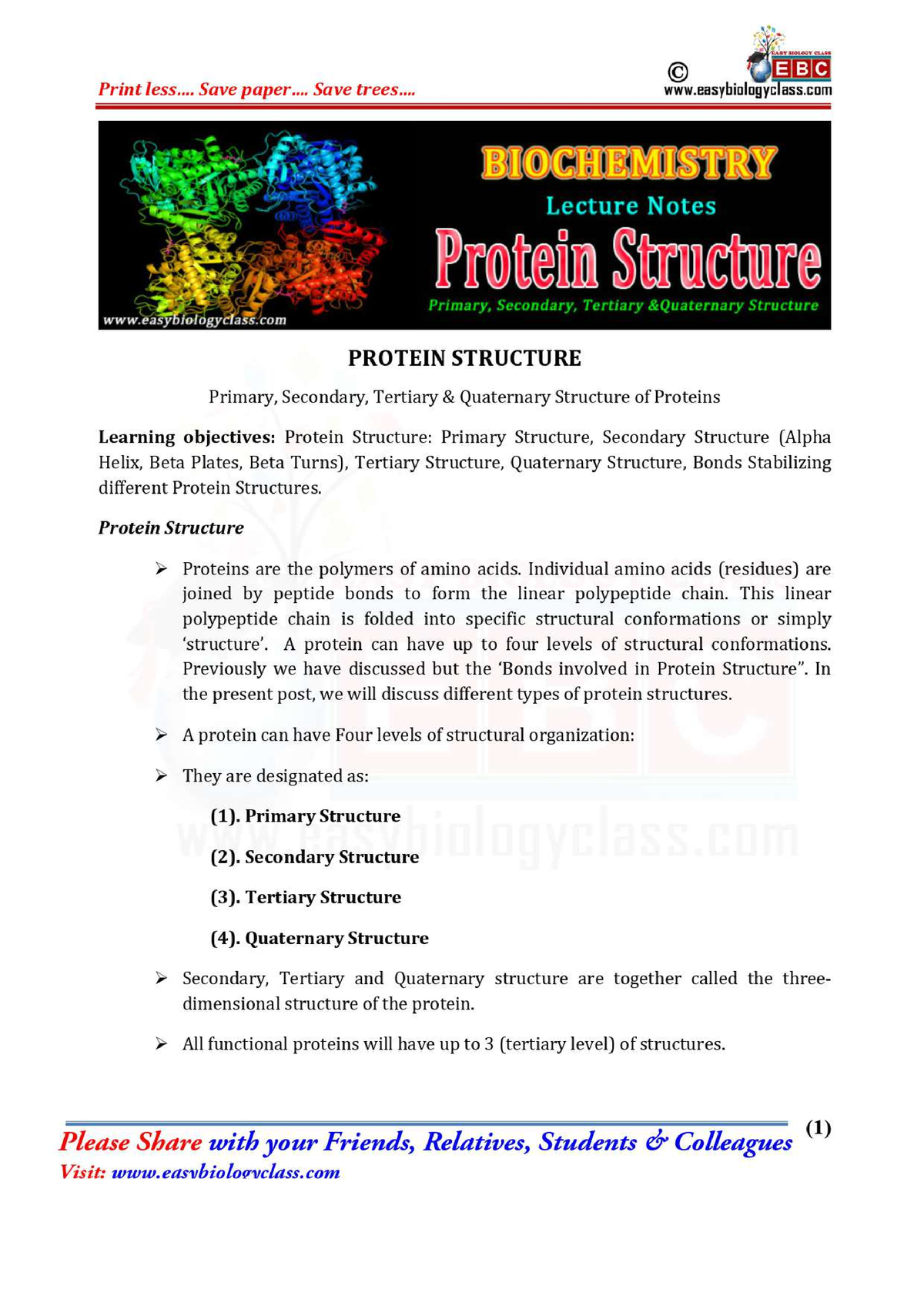 Course Notes 4 - Protein Structure - BIOLOGY CLASS EBC Print Less ...