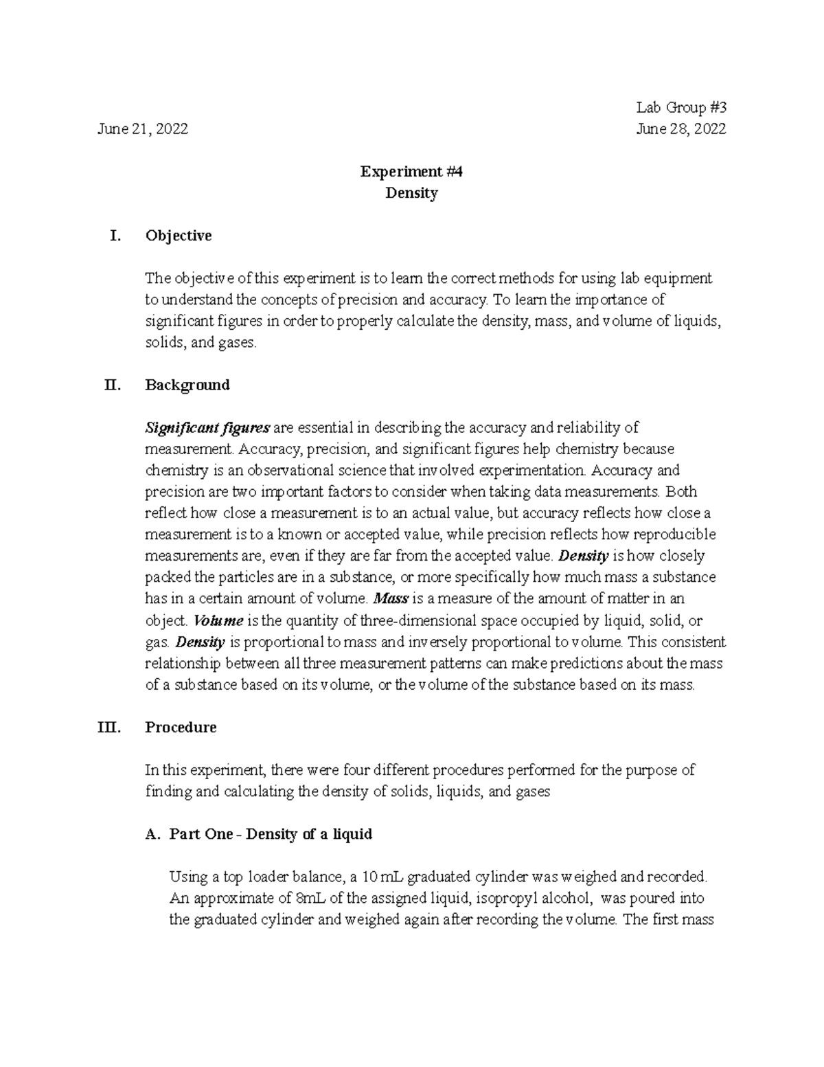 Density lab - Lab Group # June 21, 2022 June 28, 2022 Experiment ...