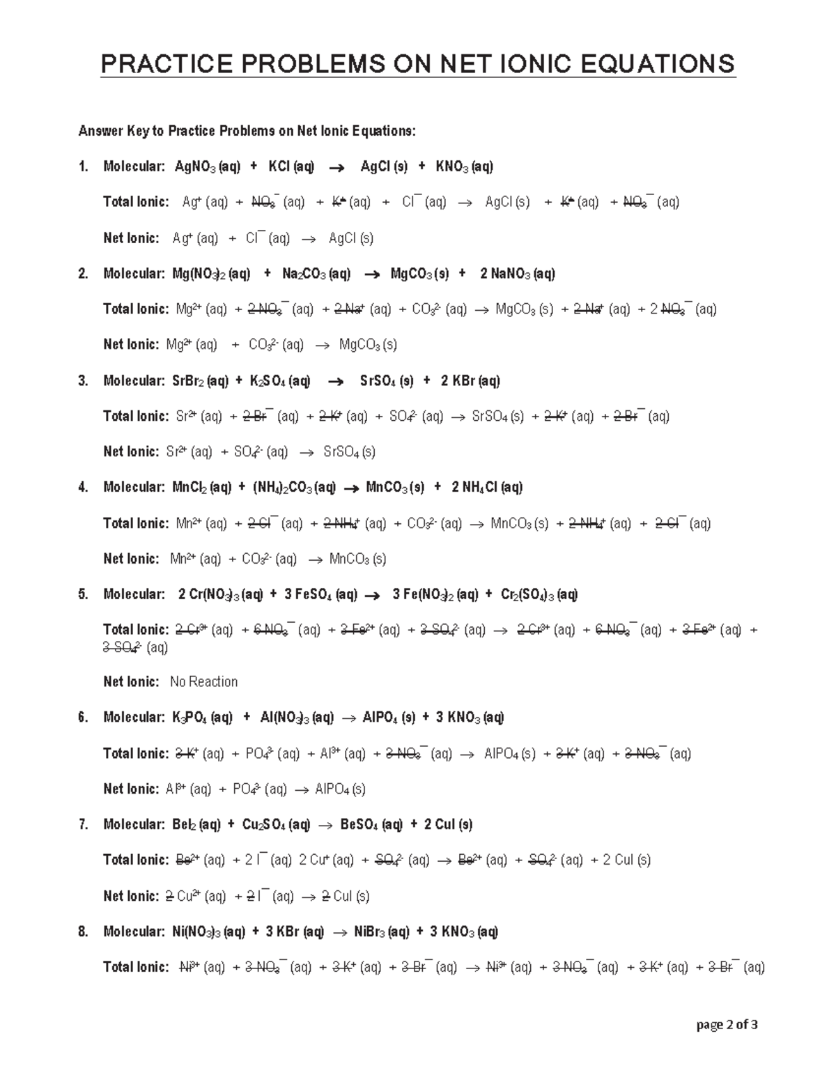 4.2.2 Worksheet Total and Net Ionic Equations answers PRACTICE PROBLEMS ON NET IONIC