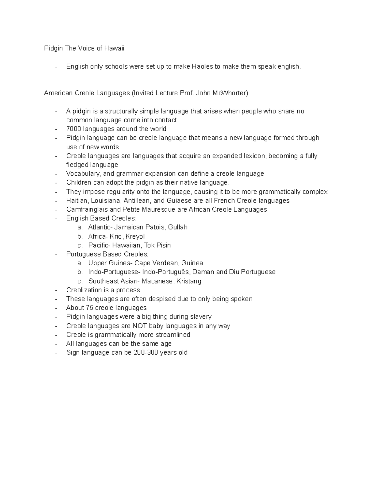 LIN 200 Creole Languages Notes - Pidgin The Voice of Hawaii - English ...