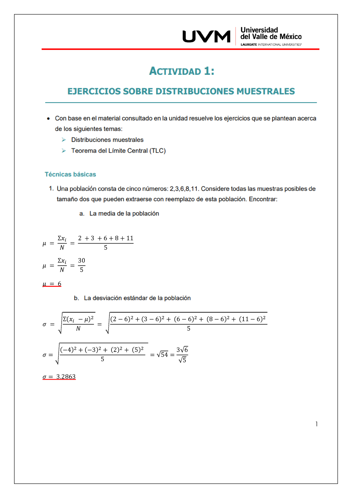 Actividad 1 - Ejercicios Sobre Distribuciones Muestrales - 𝜇 = Σ𝑥 𝑁𝑖 ...