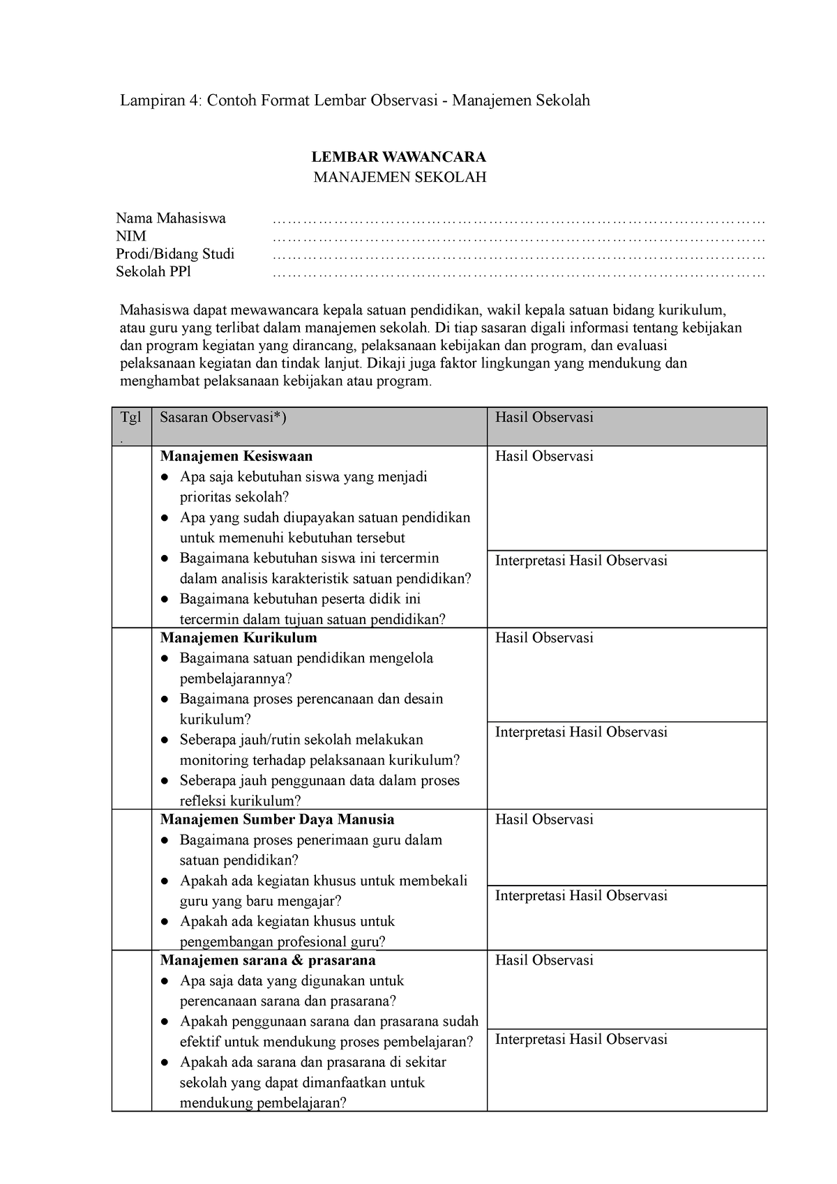 Lampiran 4 - Contoh Format Lembar Observasi Manajemen Sekolah ...