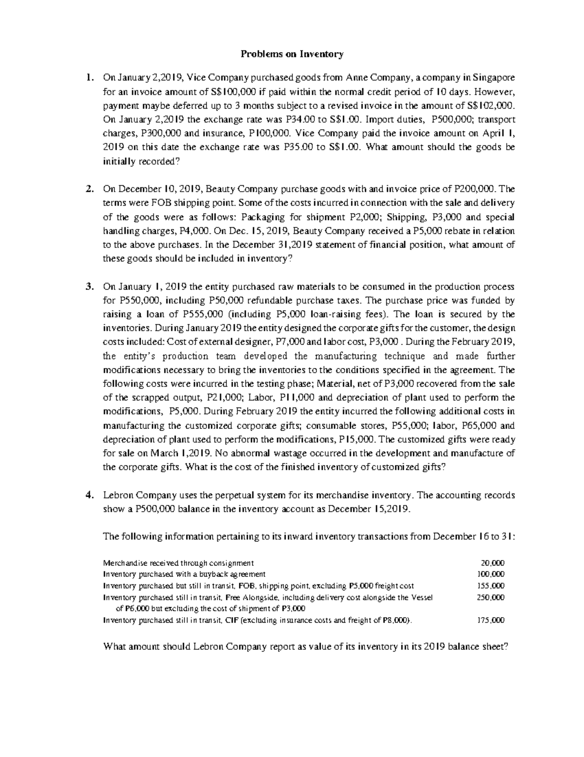 Inventory Sample Problems and Theories Problems on Inventory 1. On