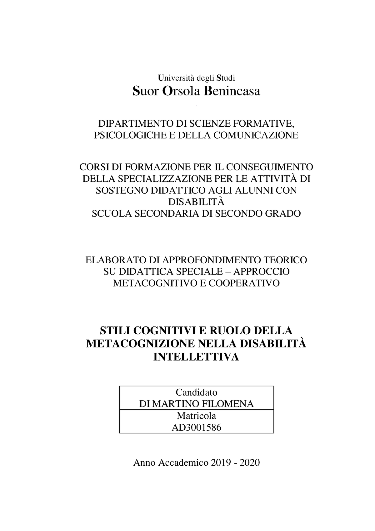 Tesi teorica sulla Metacognizione Università degli Studi Suor Orsola