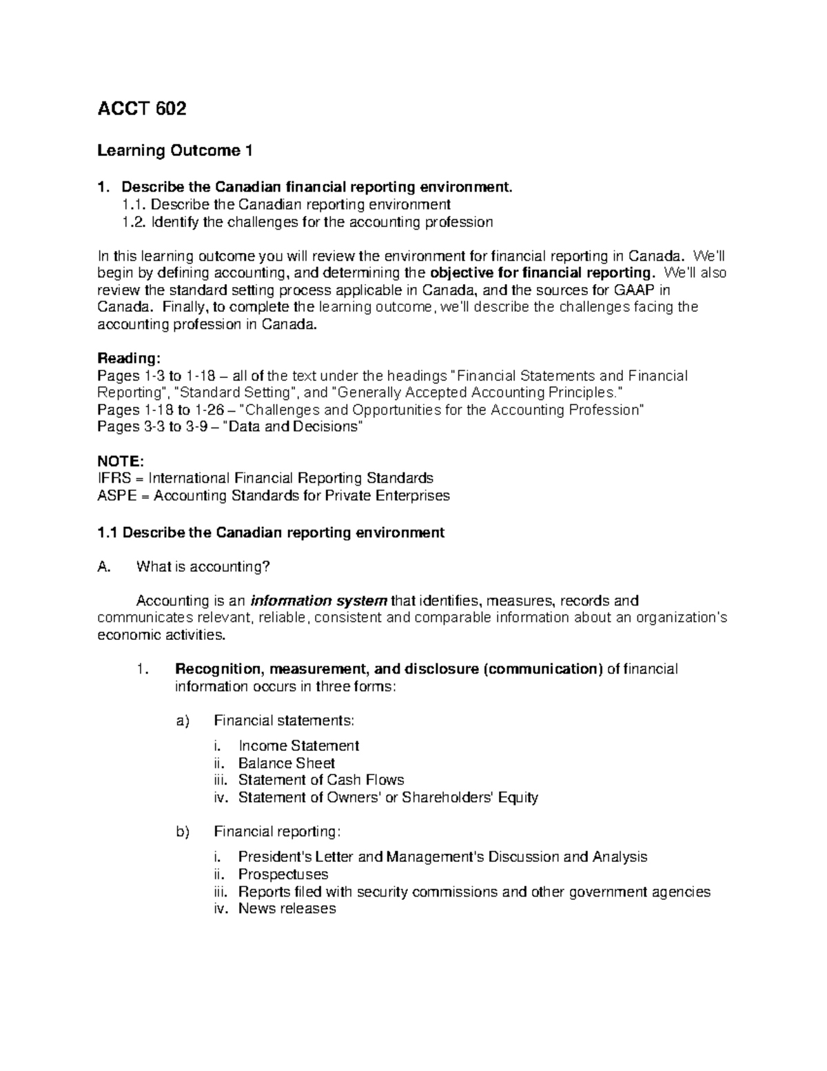ACCT 602 LO 1 Notes - note - ACCT 602 Learning Outcome 1 Describe the ...