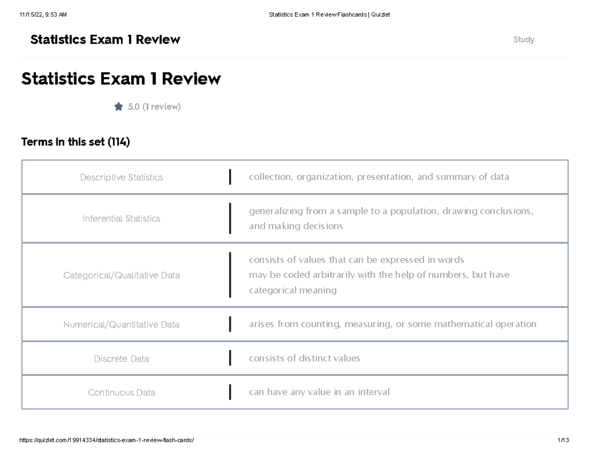 Statistics Exam 1 Review Flashcards Quizlet - Statistics Exam 1 Review ...