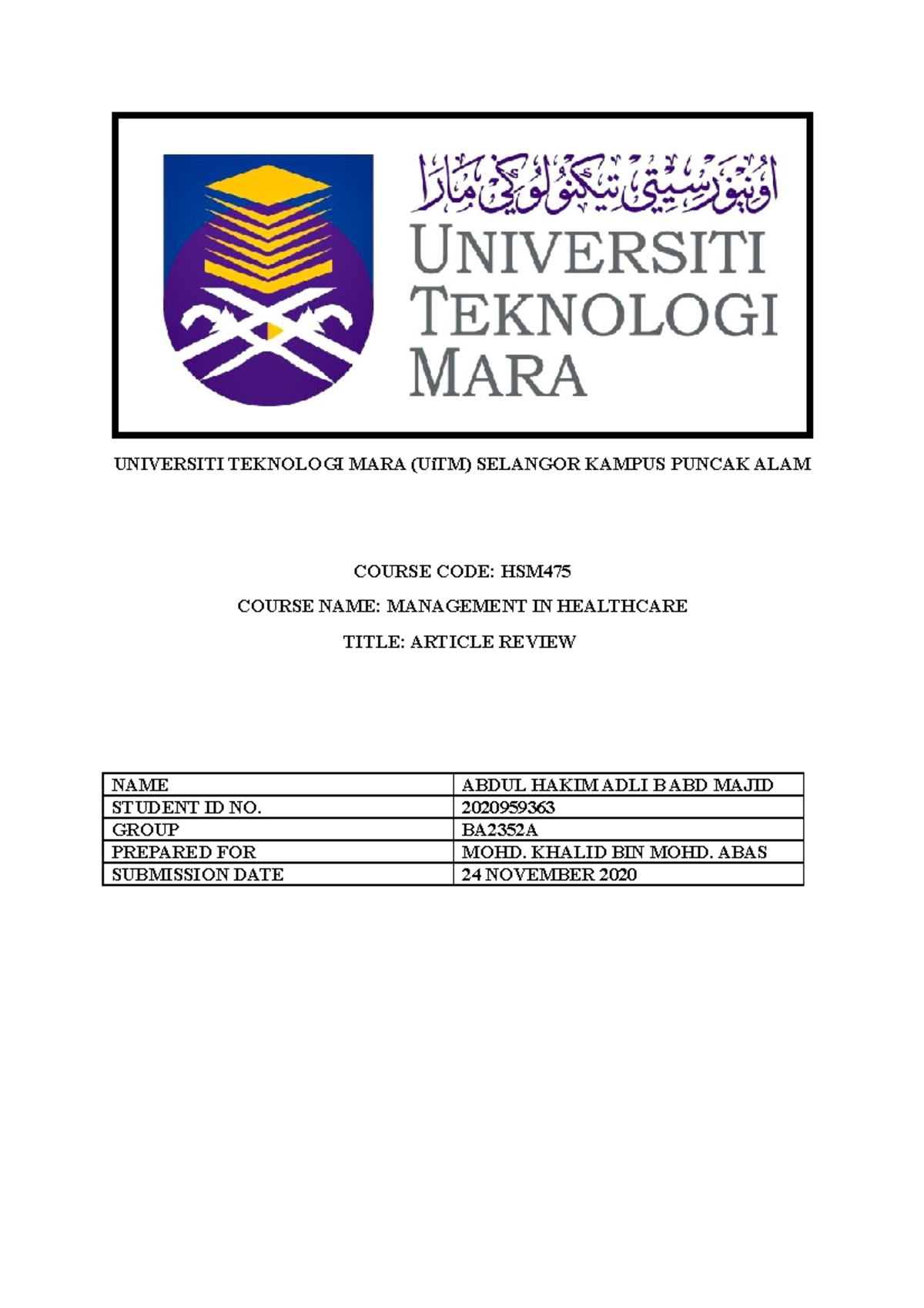 Article Review Chapter 2 - UNIVERSITI TEKNOLOGI MARA (UiTM) SELANGOR ...