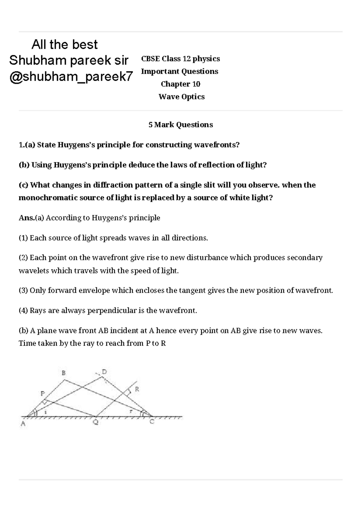 Imp 5 marks(Wave Optics) CBSE Class 12 physics Important Questions