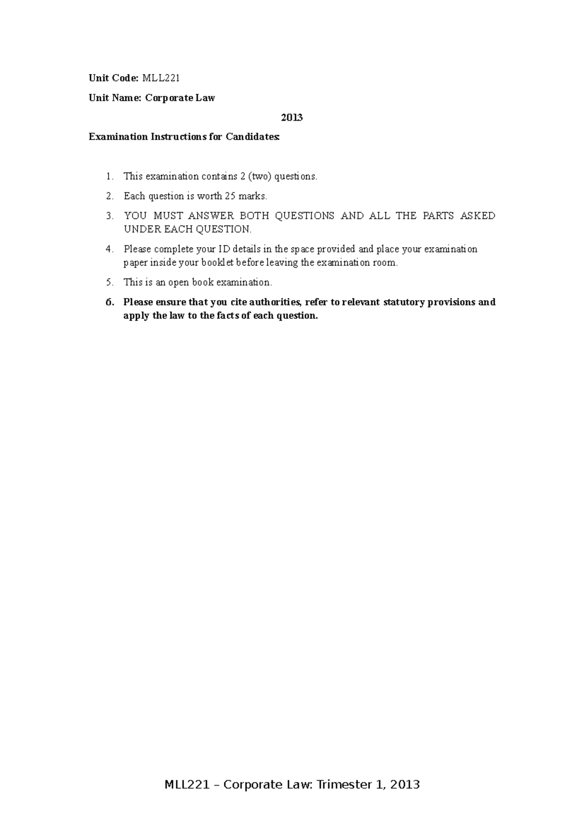 2013 Exam and Marking Guide - Unit Code: MLL Unit Name: Corporate Law ...