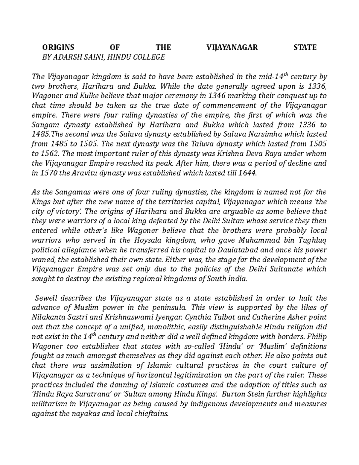 Origins of the Vijayanagar state ORIGINS OF THE VIJAYANAGAR STATE BY