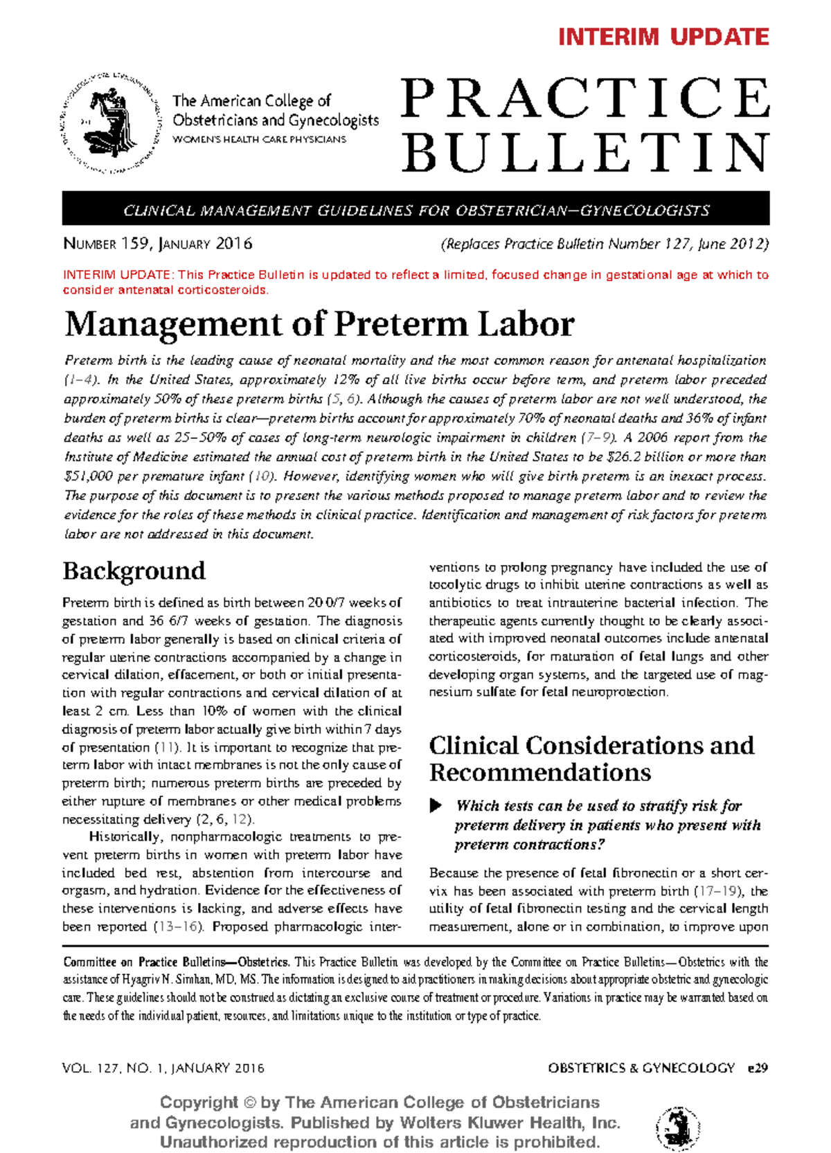 2016 ACOG Management Of Preterm Labor Interim Update The American 