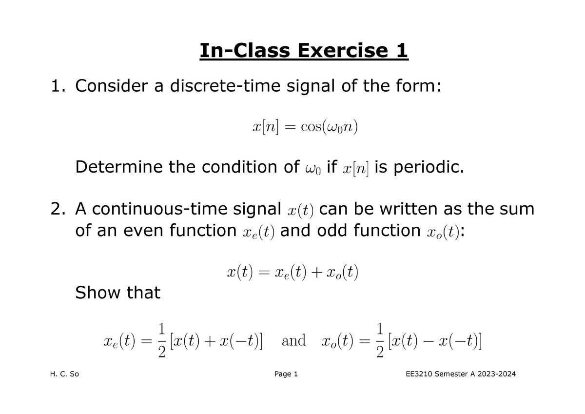 EE3210 Merged Exercises - In-Class Exercise 1 1. Consider a discrete ...