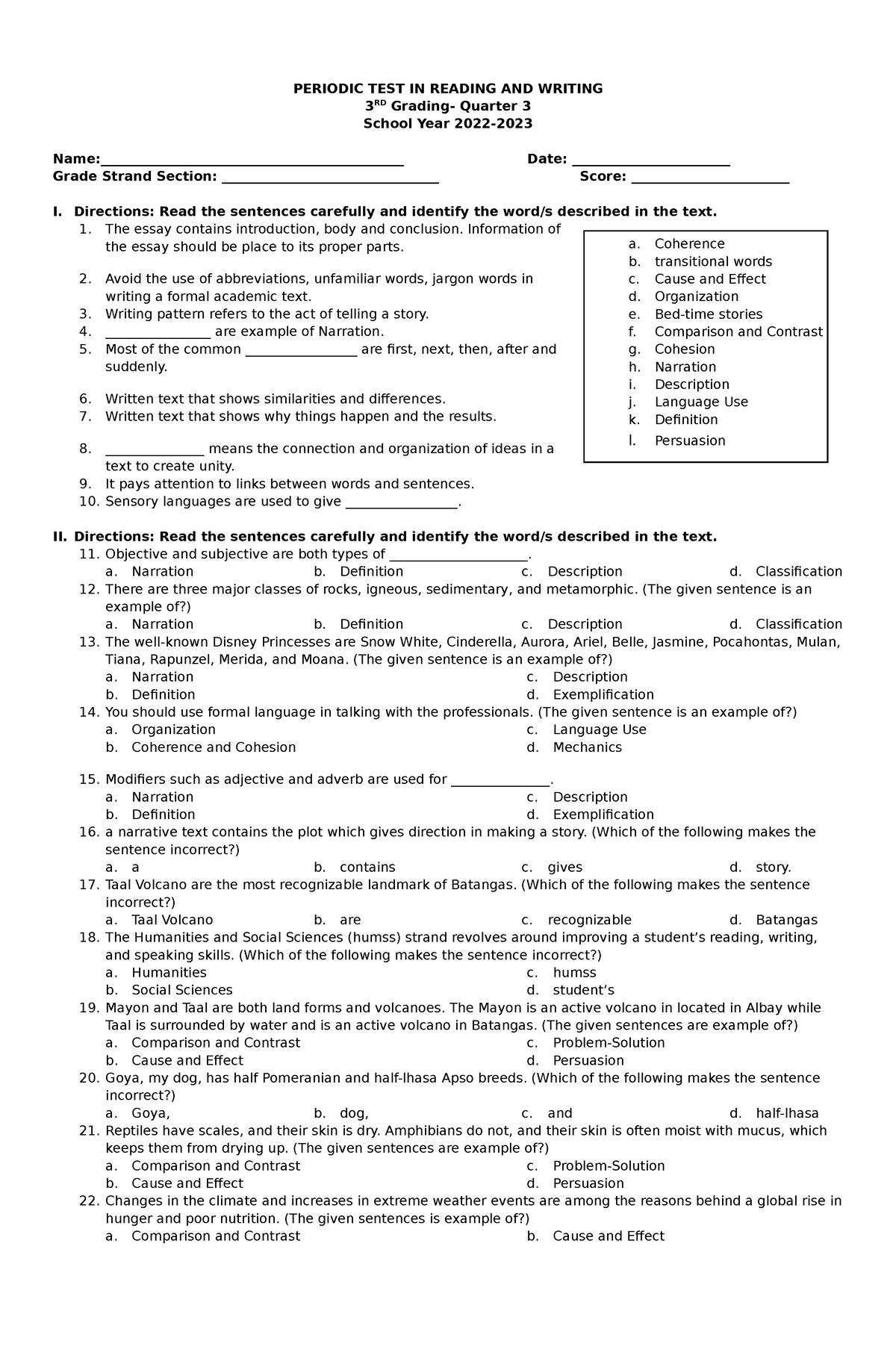 Periodic TEST 3RD Gradingg - PERIODIC TEST IN READING AND WRITING 3 RD ...