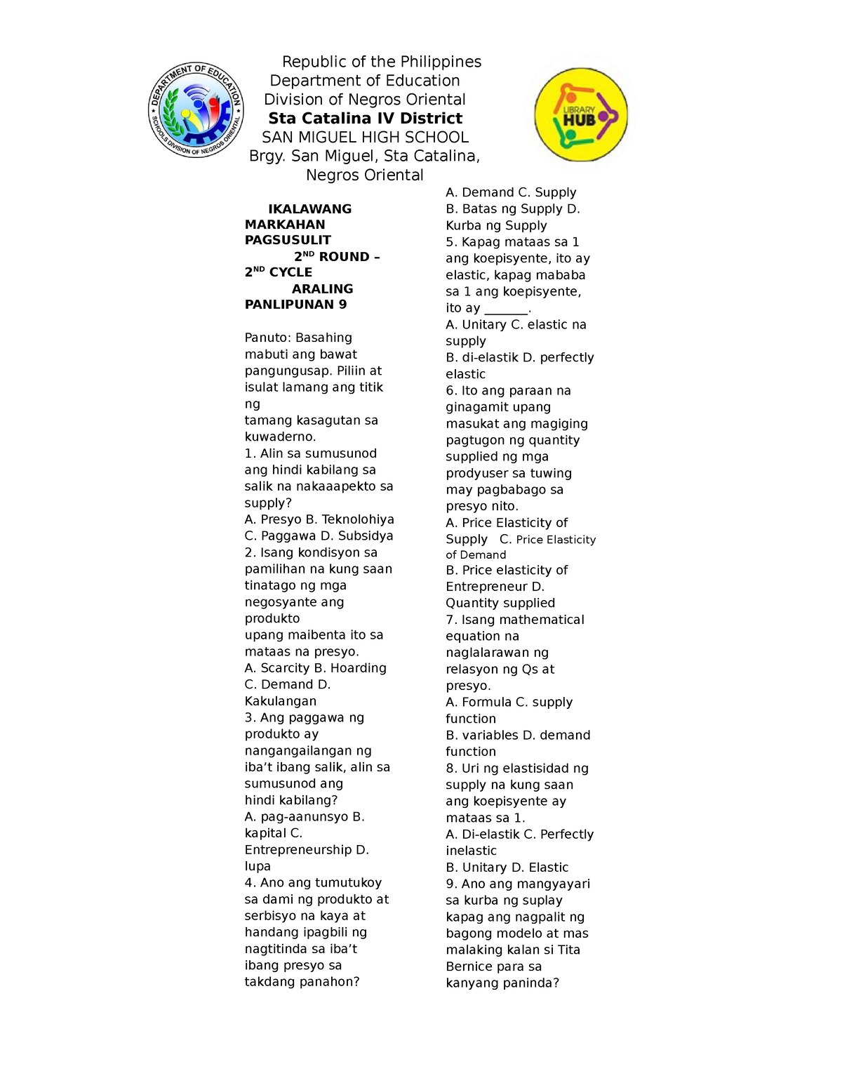 Araling Panlipunan Module 2 2nd Cycle Summative - Republic Of The ...