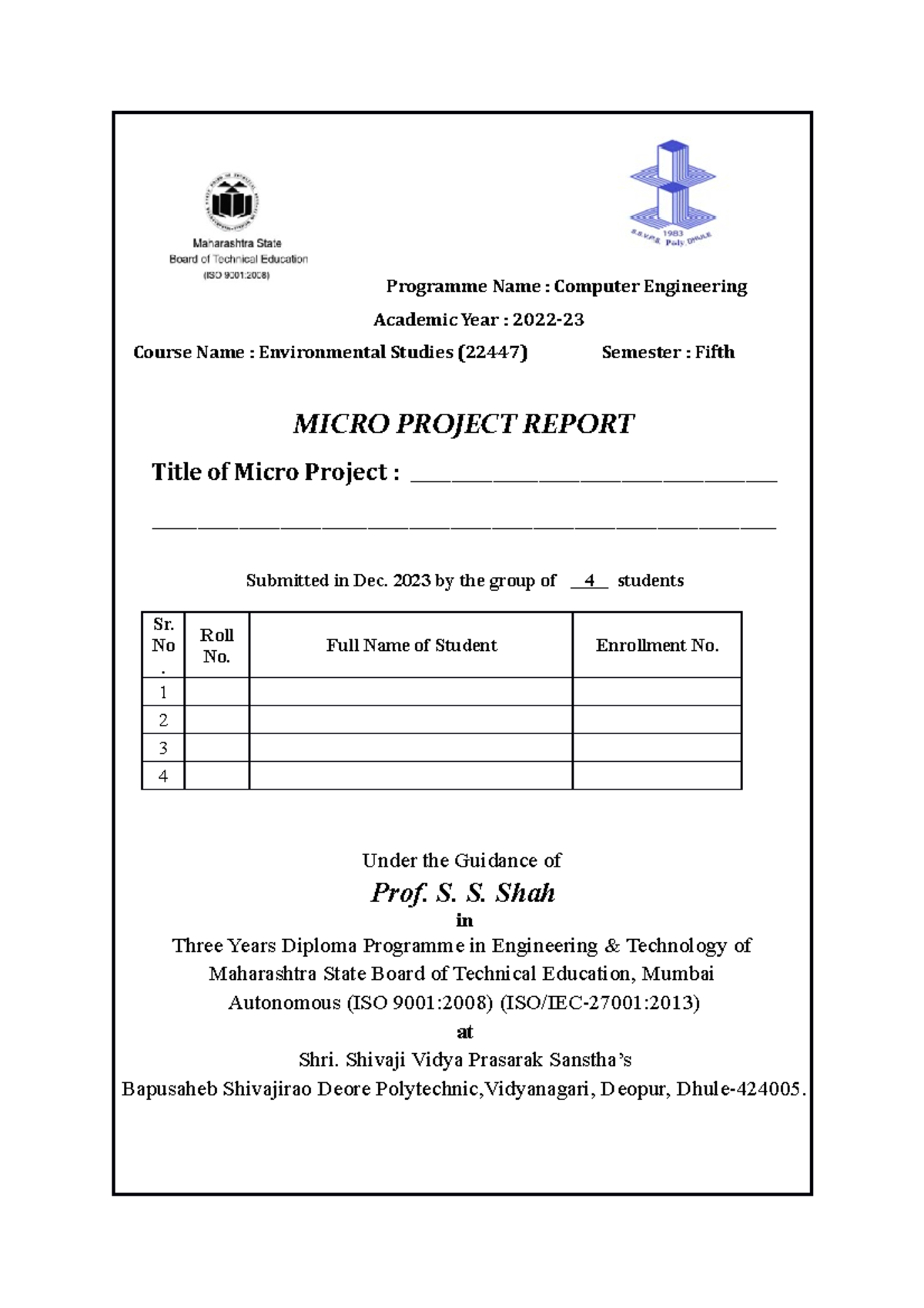 EST Format 1 - Programme Name : Computer Engineering Academic Year ...