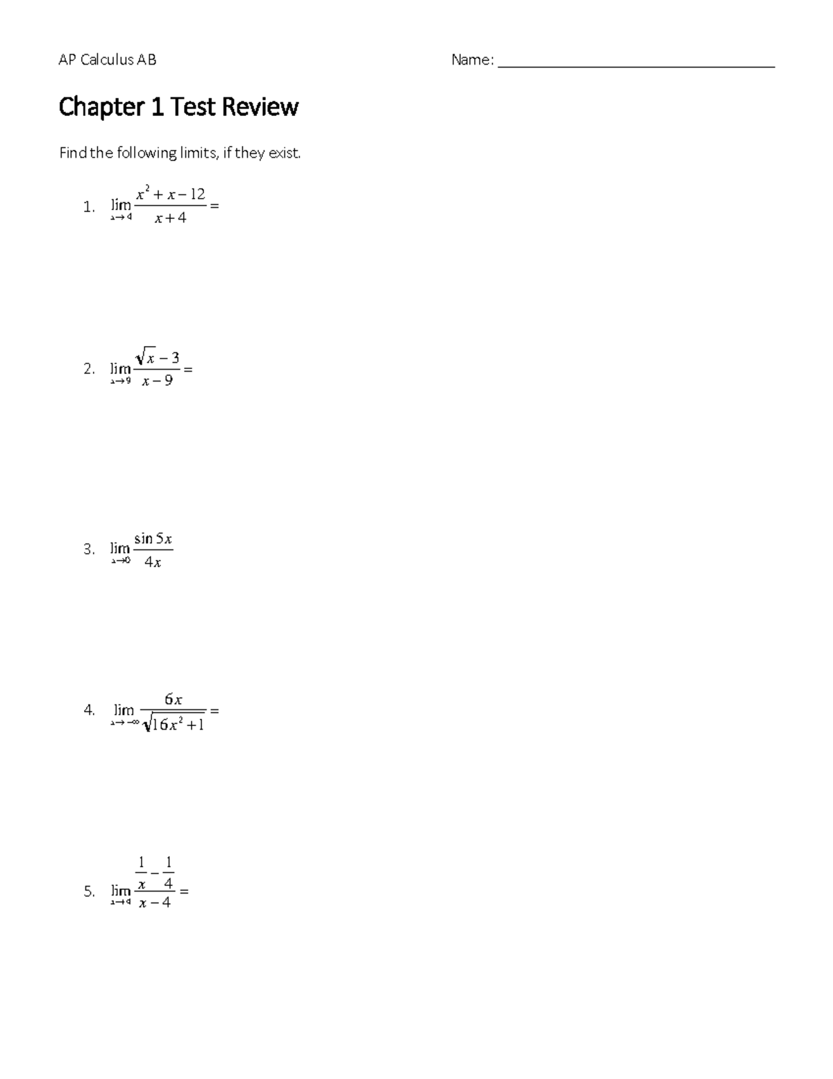 Chapter 1 Test Review - homework - Chapter 1 Test Review Find the ...