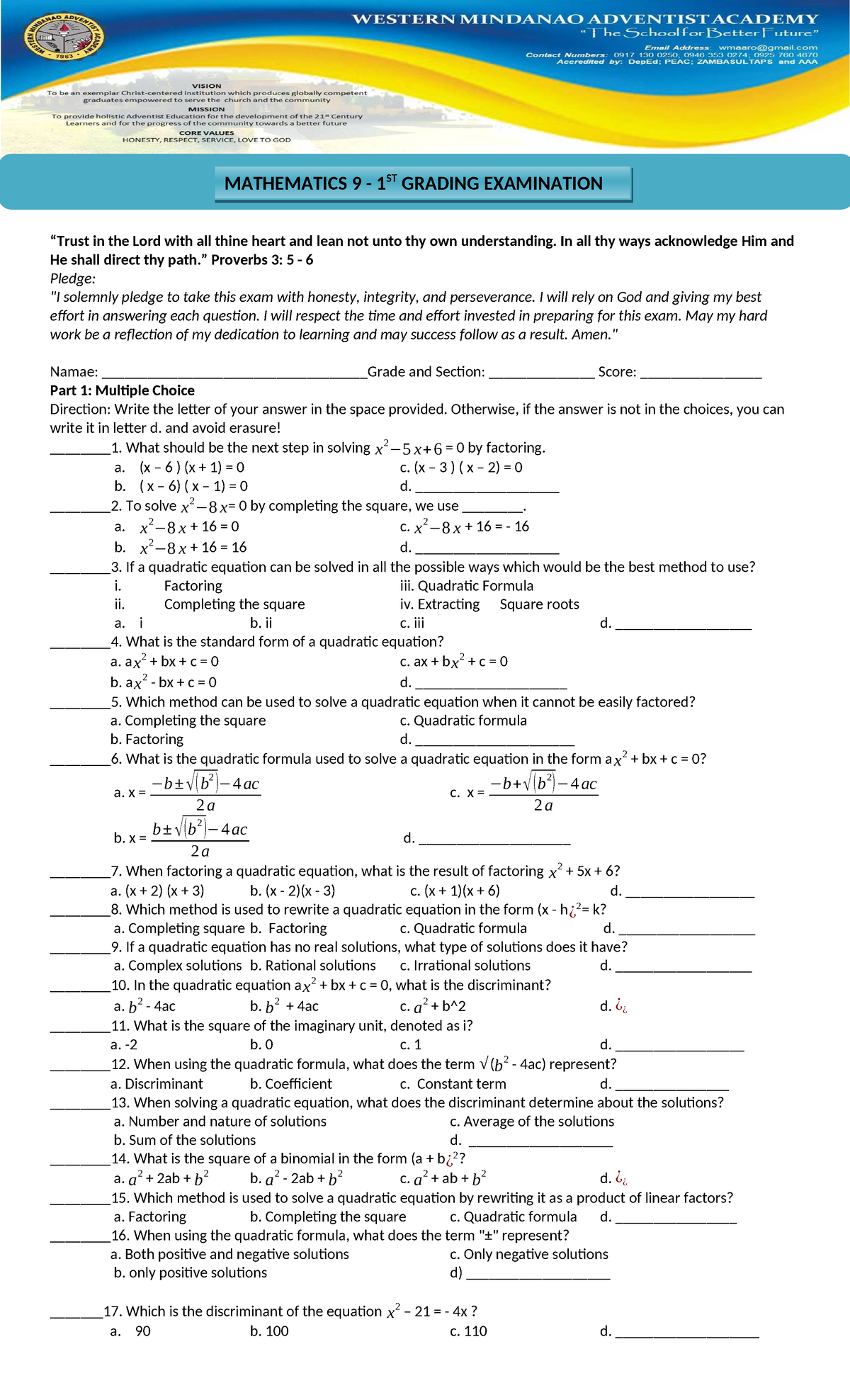 Mathematics 9 1st Grading exam - “Trust in the Lord with all thine ...