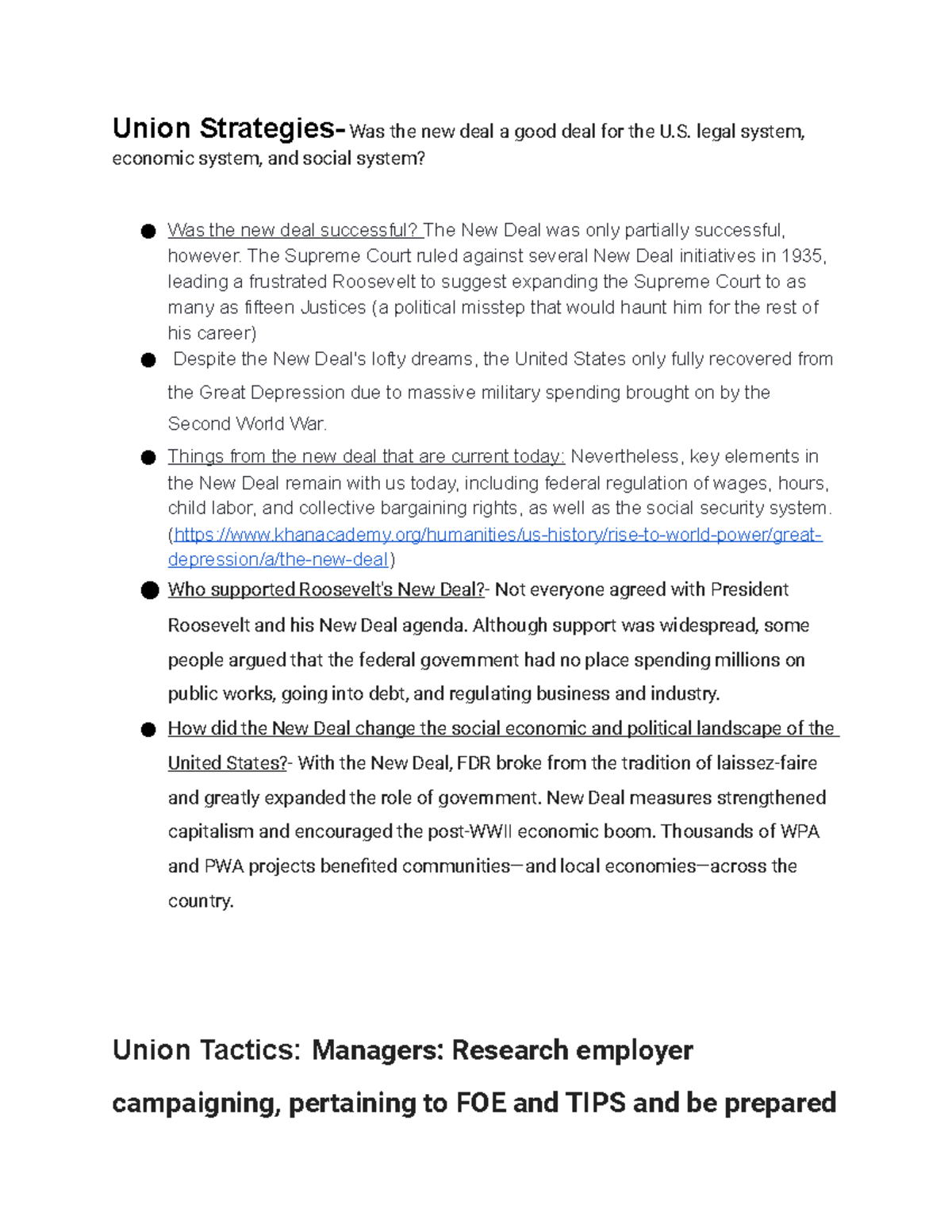 Union Strategies And NEW DEAL Labor And Employees Union Strategies Was The New Deal A Good 