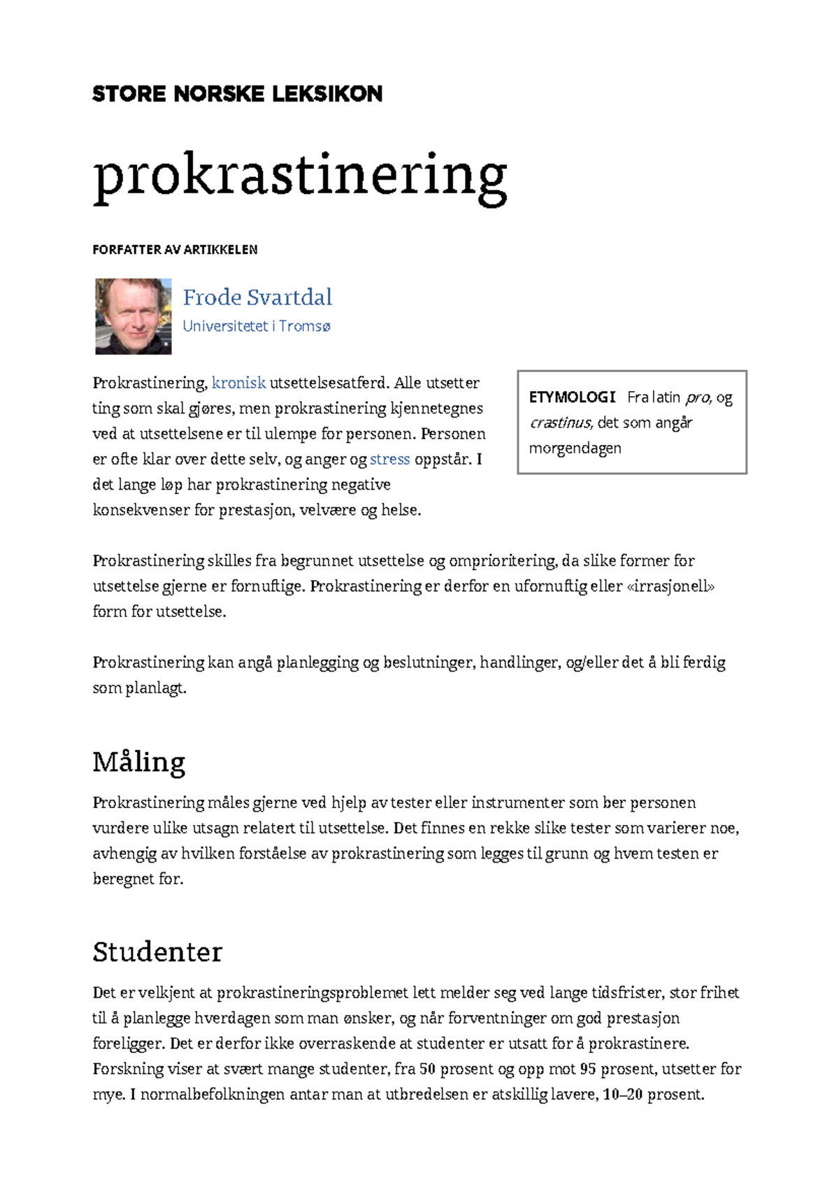 Prokrastinering Artikkel Nr 1- En Del Av Pensum I PSY-1010 - ETYMOLOGI ...