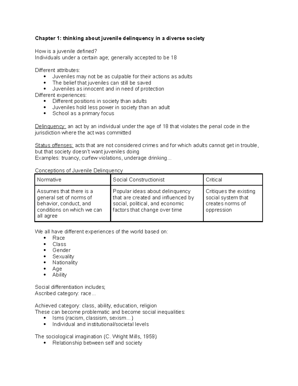 Delinquency Ch 1 class lecture notes - Chapter 1: thinking about ...