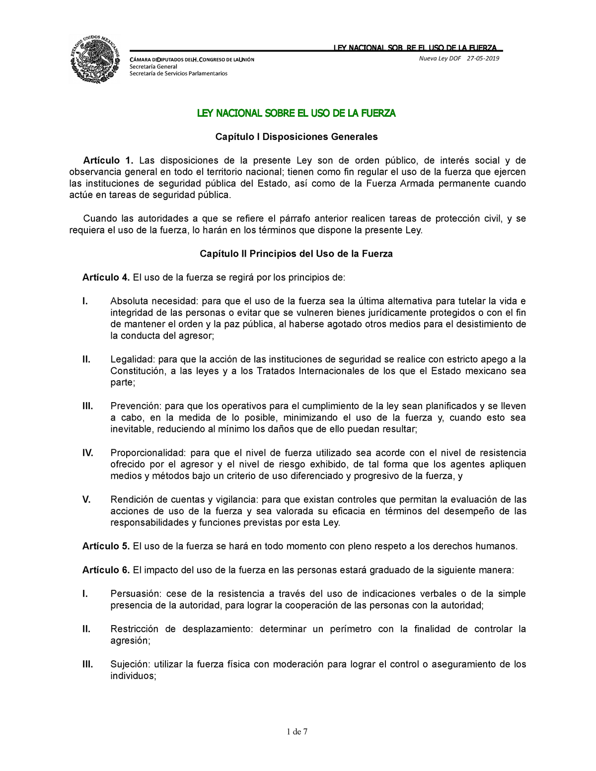 Ley Nacional Sobre El Uso De La Fuerza CÁmara Dediputados Delh Congreso De LauniÓn Secretaría 6549